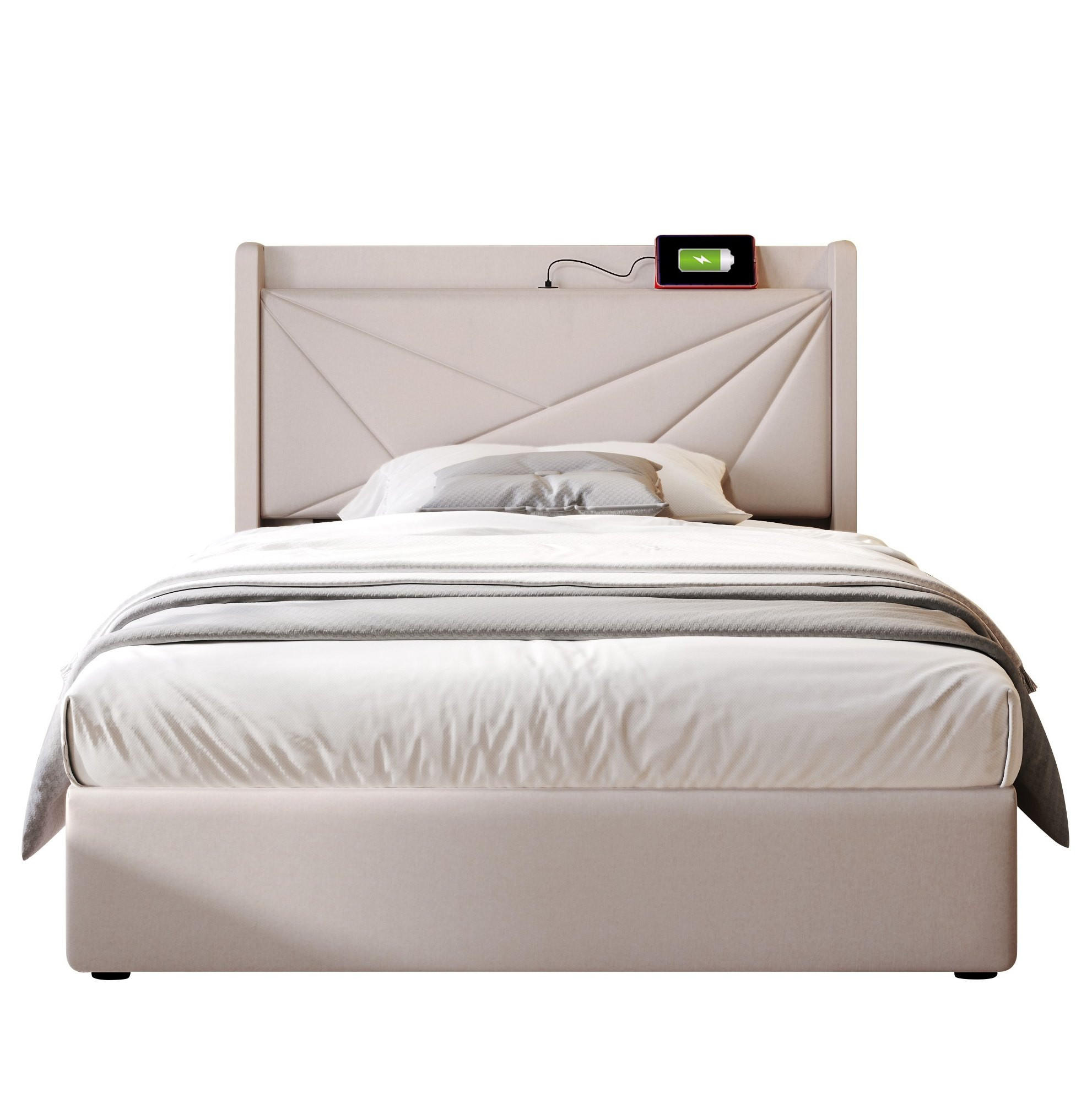 POLSTERBETT 90/200 cm Beige aus Baumwolle, Leinen und Metall mit Bettkasten und Ladefunktion - Beige, Textil (90/200cm) - OKMYHOME