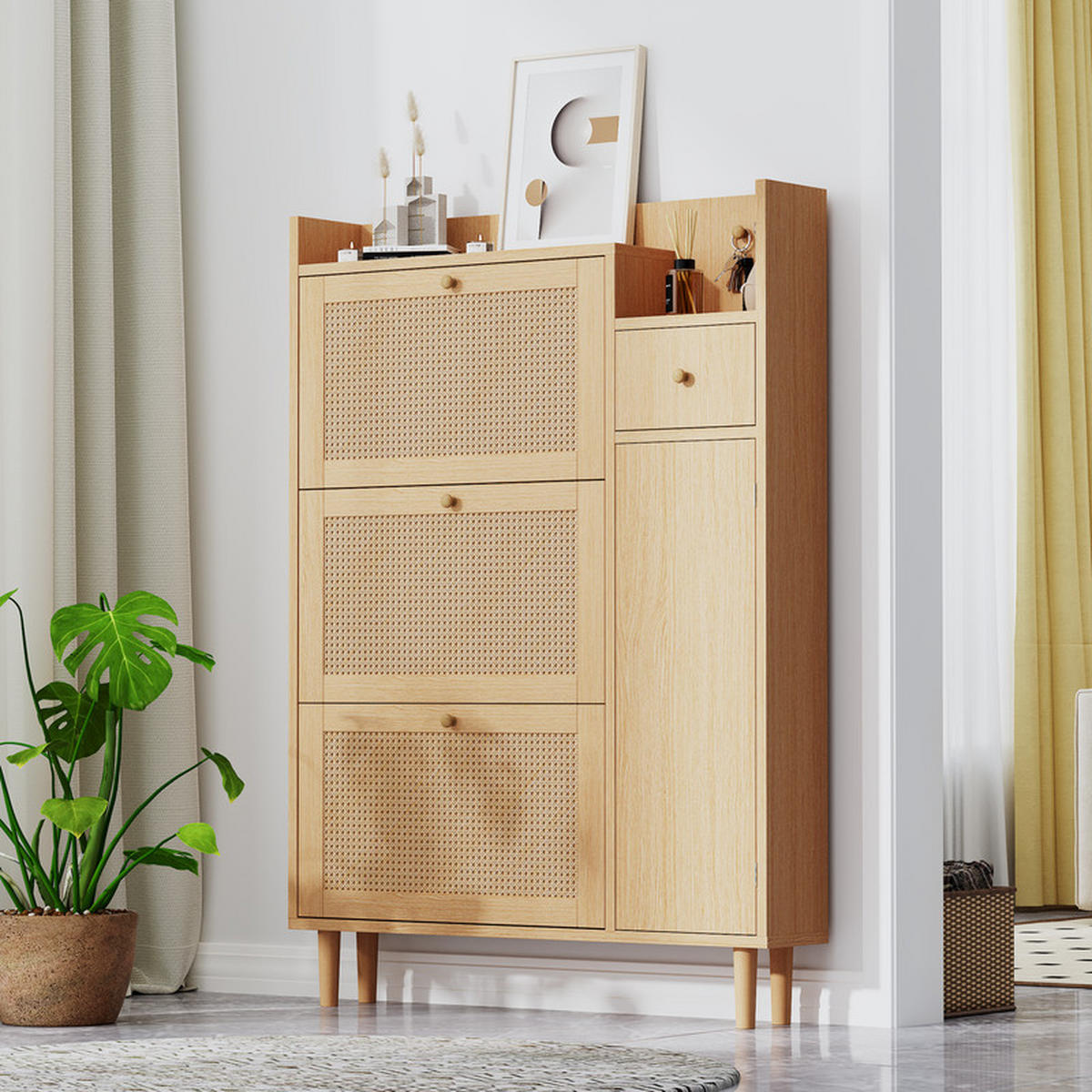 SCHUHSCHRANK Rattan mit 3 Klapptüren und 1 Schublade Massivholzbeine 90x125x17 cm - Braun, Holz (17/125/90cm) - Moorle