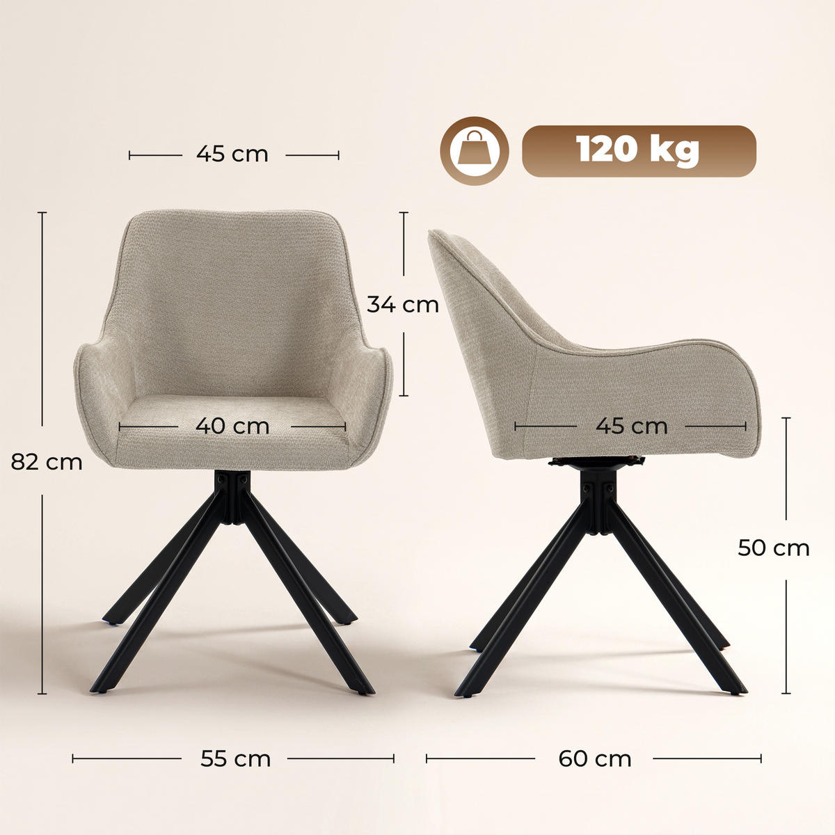 MATSALSSTOLAR, 2-set, polyester och metall, beige - Beige/Svart, Textil/Metall (55/82/60cm) - HOMCOM