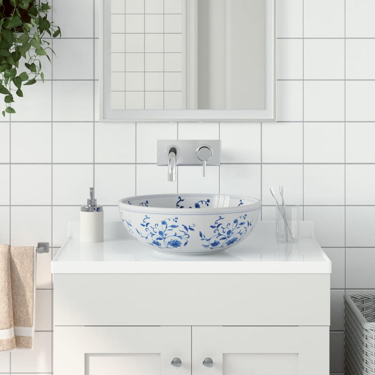 AUFSATZWASCHBECKEN Weiss Und Blau Rund Ø41/14 Cm Keramik - Blau, Keramik (41/14/41cm) - vidaXL