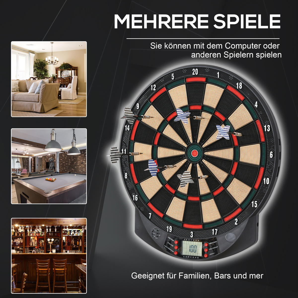 ELEKTRONISCHE Dartscheibe - Schwarz, Kunststoff (39.5/2.2/44cm) - HOMCOM