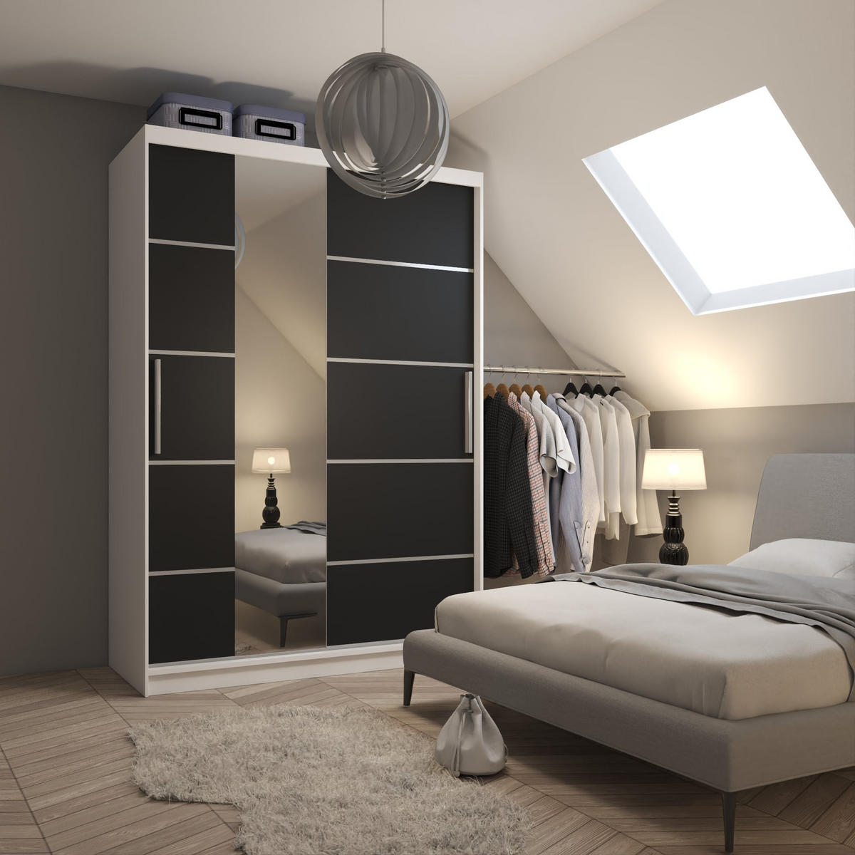 SCHWEBETÜRENSCHRANK Verona MBP, Weiß/Schwarz Matt, 133 cm, mit Spiegel - Schwarz, Holz (133/216/60cm) - B BELINI GROUP