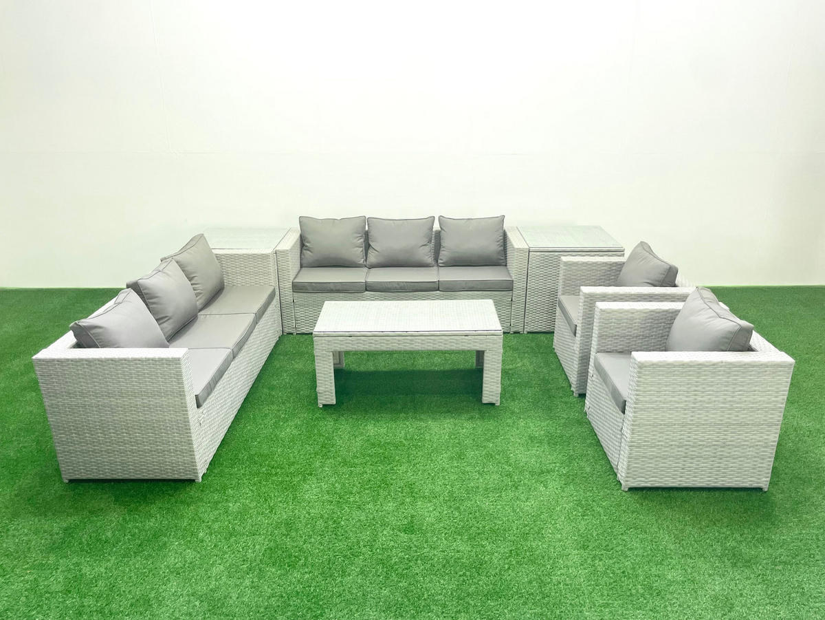 GARTENSOFA hohe Rückenlehne Polyrattan Hellgrau-Mix 8-Sitzer - Hellgrau/Grau, Glas/Kunststoff - Fimous