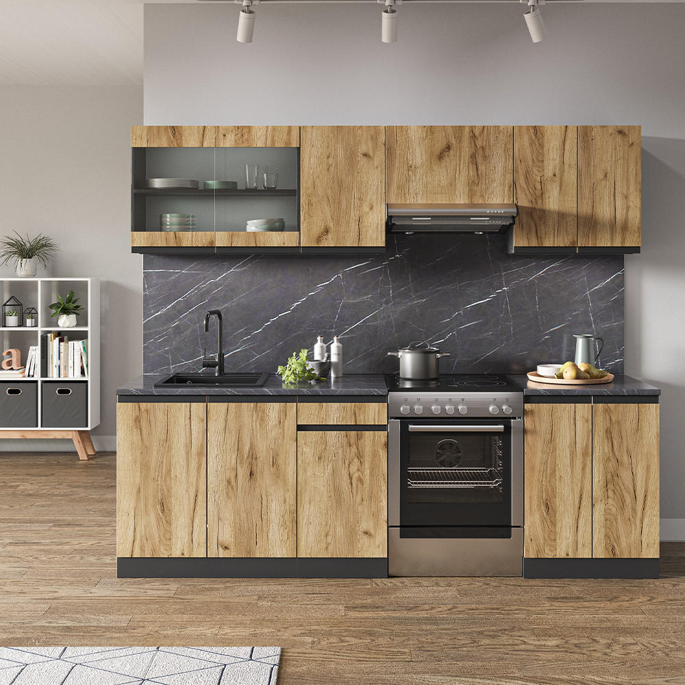 KÜCHENZEILE Raul Goldkraft Eiche/Anthrazit 240 cm - Honigeiche/Anthrazit, Holzwerkstoff (240/81.6/46cm) - Vicco