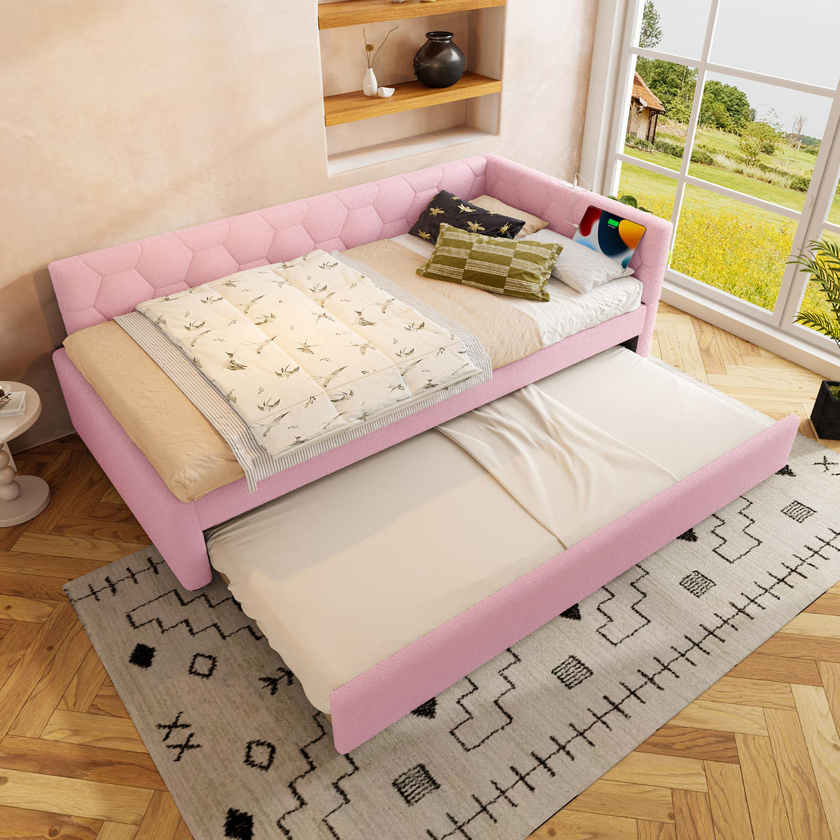 POLSTERBETT 90/200 cm rosa mit Ausziehbett und USB-Anschluss - Rosa, Textil (90/200cm) - OKWISH
