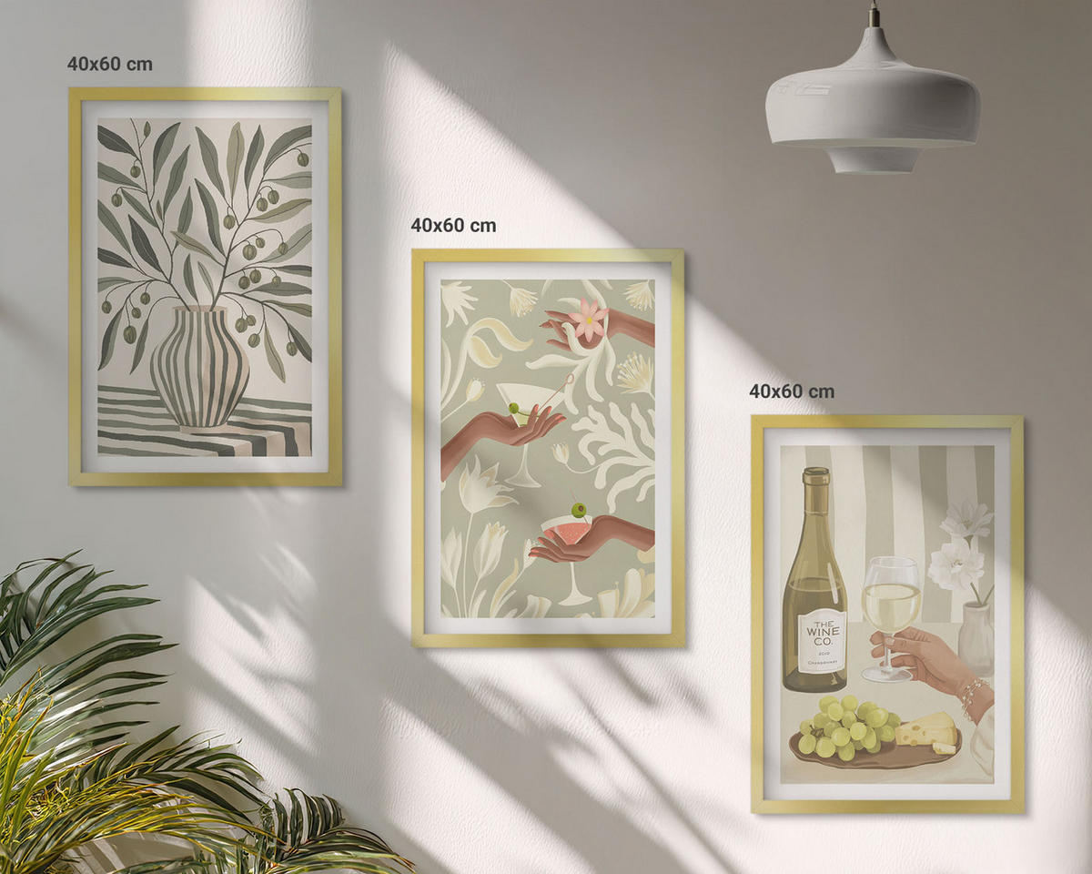 BILDER SET 3er Set - 40x60 cm Goldrahmen - Rustikale Cocktails mit Olivenblüten - Goldfarben, Kunststoff (40/60cm) - TULUP