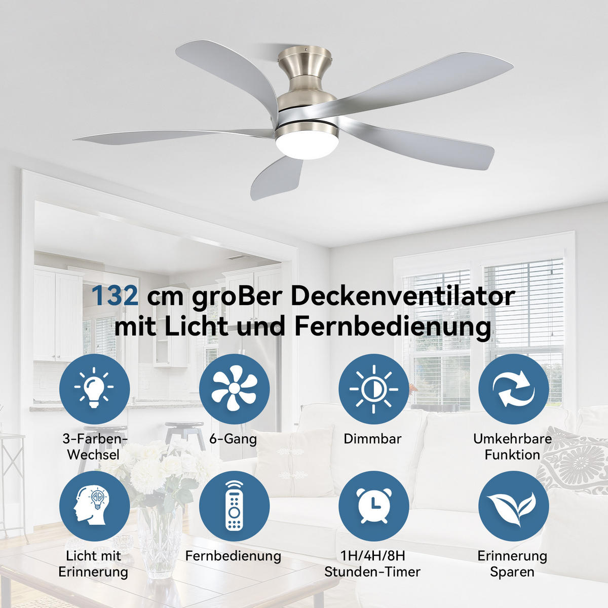 DECKENVENTILATOR 132cm Direktmontage LED Licht 5 Flügel DC Motor - Weiß, Kunststoff (132/132/30.5cm) - CASIVA