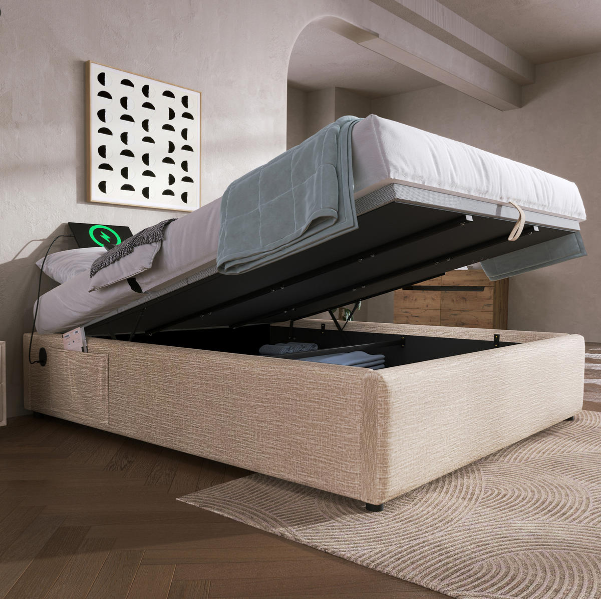 BETT mit Stauraum und USB/Type-C 160x200 cm Leinen Beige Natur - Beige, Metall (160/200cm) - Meubliv