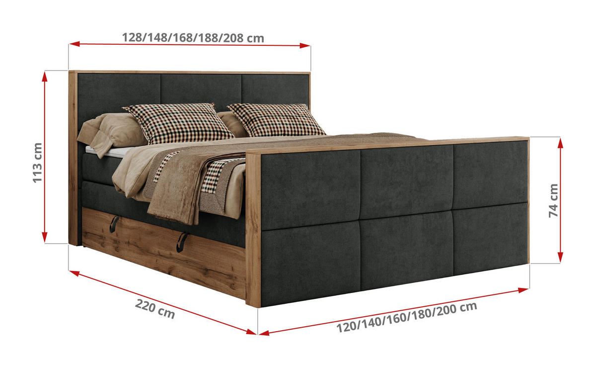 BOXSPRINGBETT ALBERO 2 KING DUO 140/200 Dunkelgrau Strukture - H3 - Dunkelgrau, Holz/Textil (140/200cm) - MKS