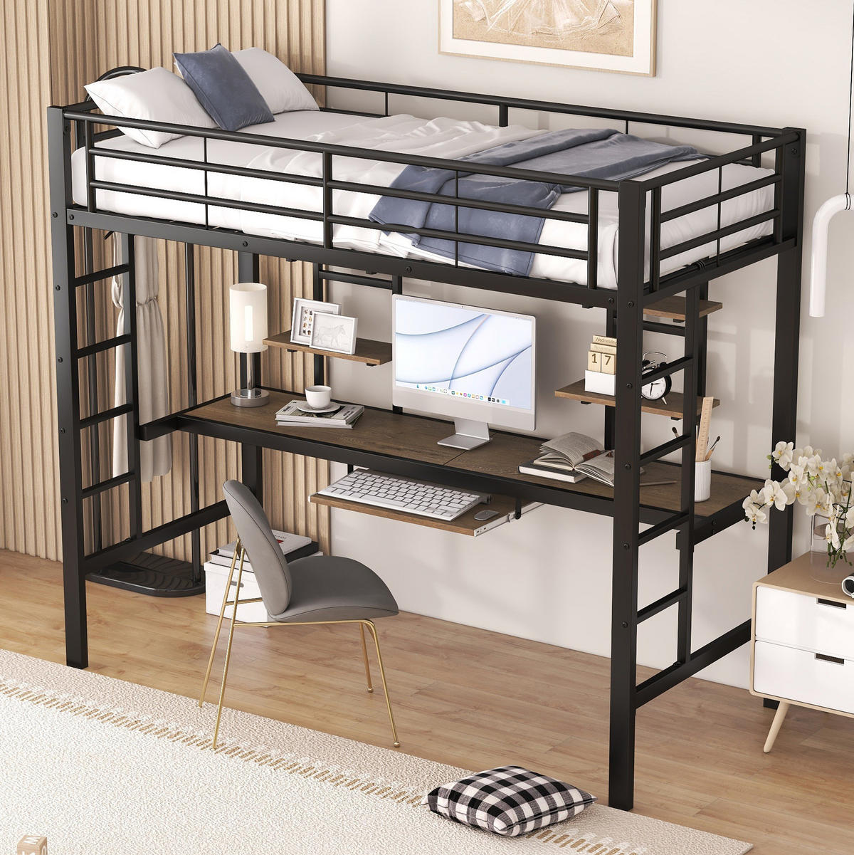 HOCHBETT 90/200 cm Schwarz aus Metall mit Schreibtisch und 2 Regalen - Schwarz, Metall (90/200cm) - OKMYHOME