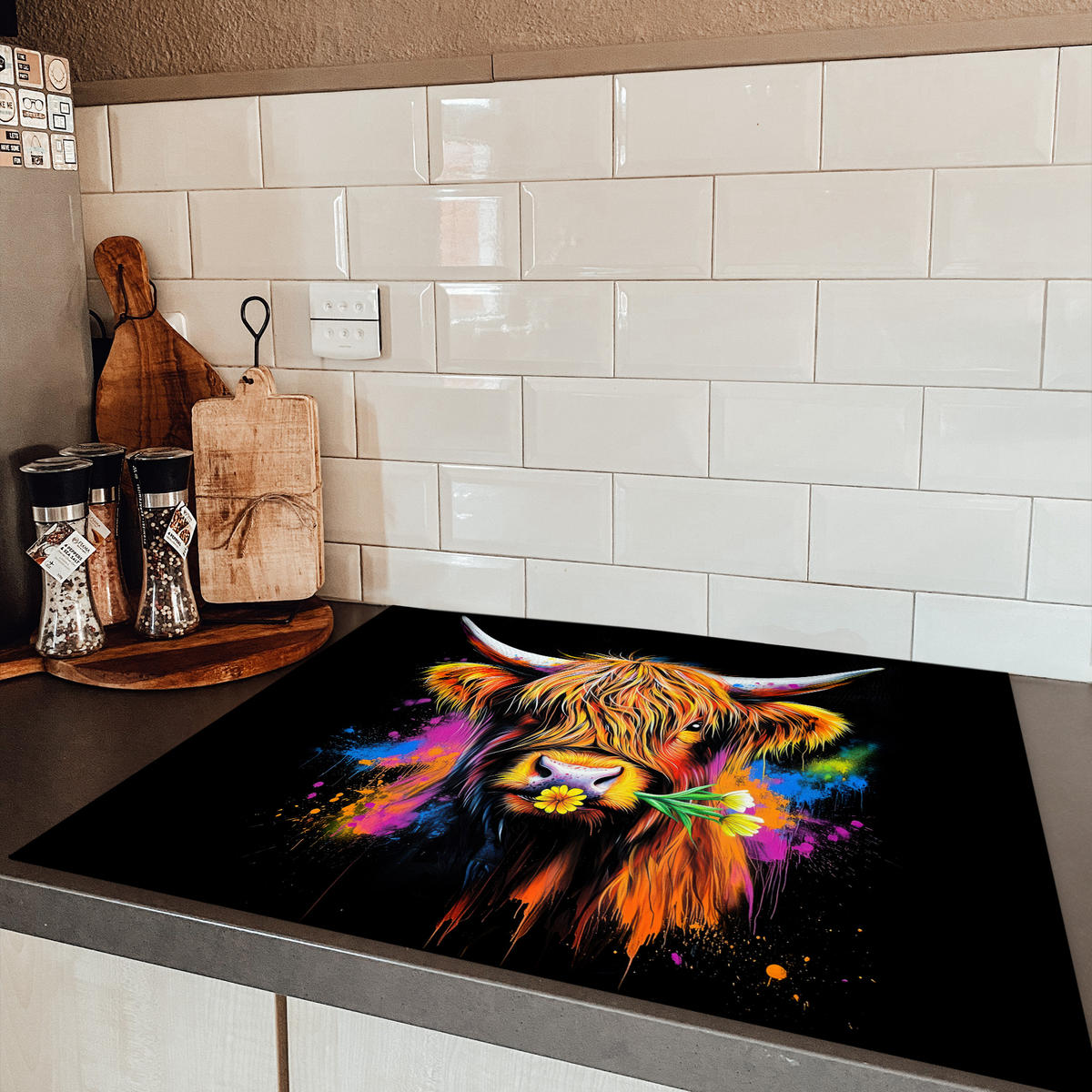 HERDABDECKPLATTE Schottischer Highlander - Graffiti - Bunt - Blume - Tiere Induktionsmatte 77x59 cm - Multicolor, Kunststoff (77/59/0.2cm) - MuchoWow
