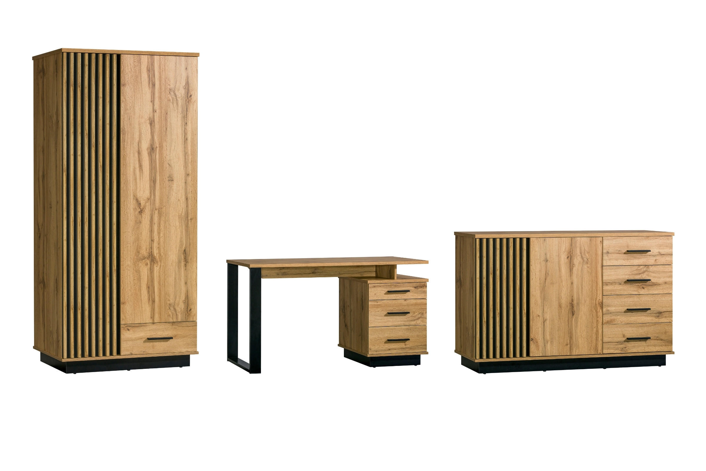 JUGENDZIMMER-SET LAMI C 3-teilig in Wotan Eiche / Schwarz Matt mit Lamellen - Eiche Wotan/Schwarz, Holzwerkstoff (366/56/194cm) - Deine Möbel 24