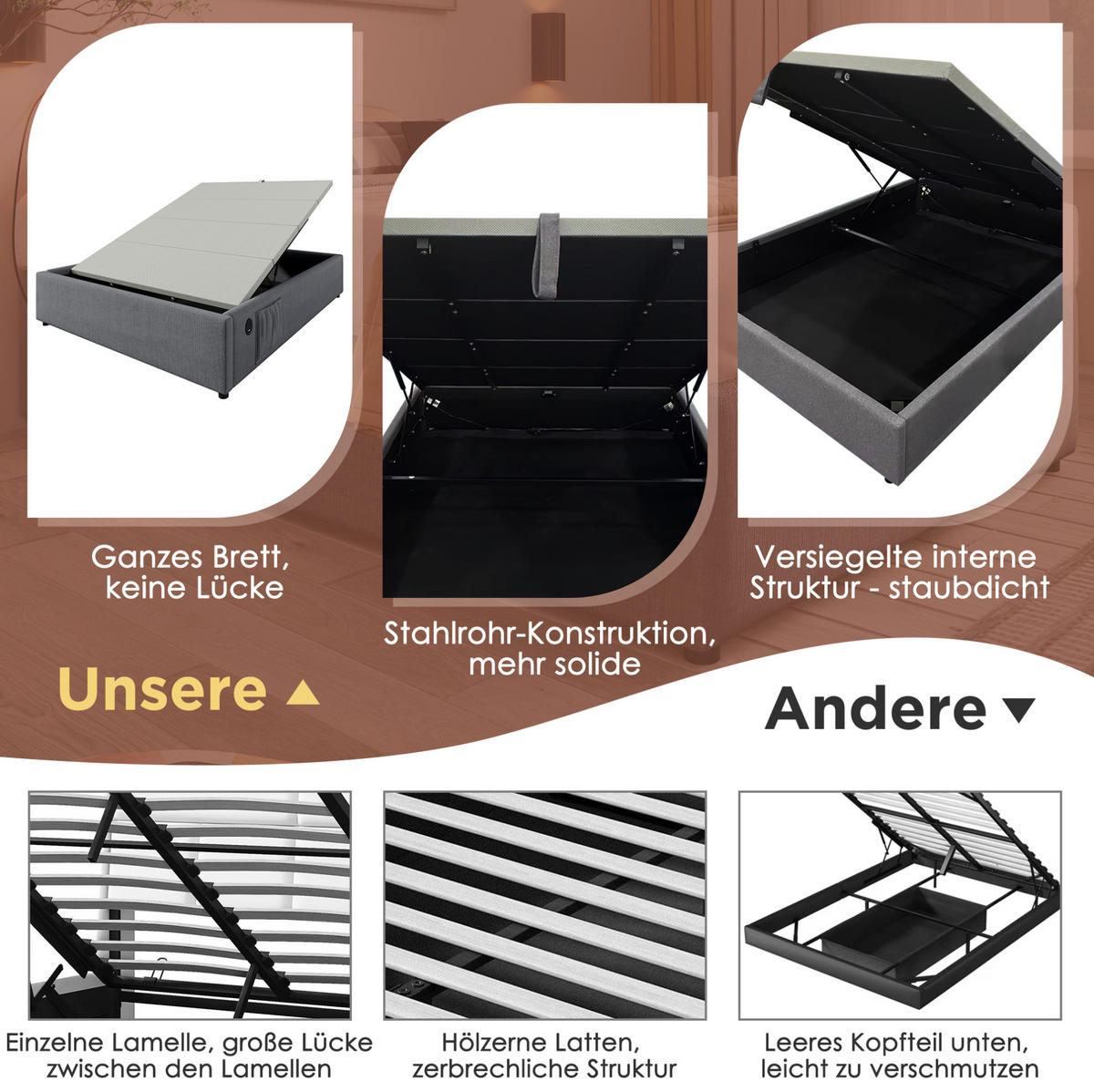 POLSTERBETT 160/200 cm mit USB-C, hydraulischem Stauraum und Voll -Bettboden aus Baumwoll-Leinen, Grau - Grau, Textil (160/200cm) - Redom