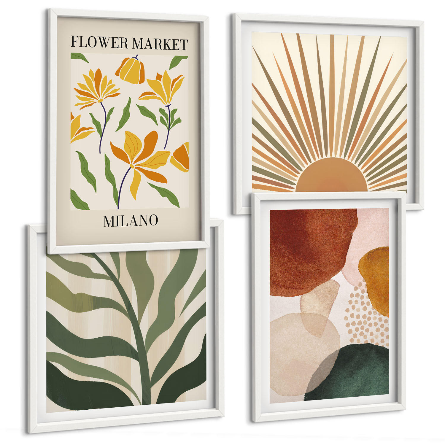 BILDER SET 4er Set - 50x50 cm & 40x60 cm Weißer Rahmen - Abstrakte Blumenmotive - Weiß, Kunststoff (50/50cm) - TULUP