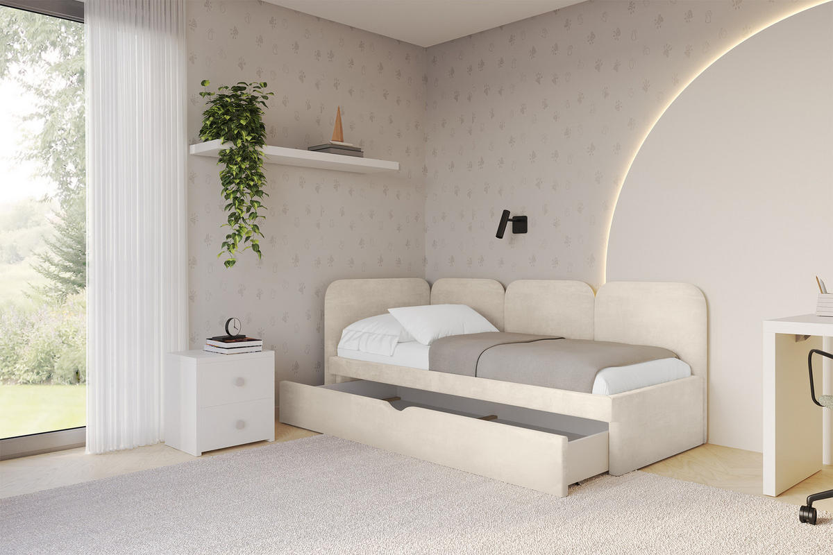 EINZELLBETT Jugendbett mit Bettkasten und Matratze H3/H4, Rechts - ALVY 90x200 Beige - Naturfarben, Holzwerkstoff/Textil (90/200cm) - ALTDECOR
