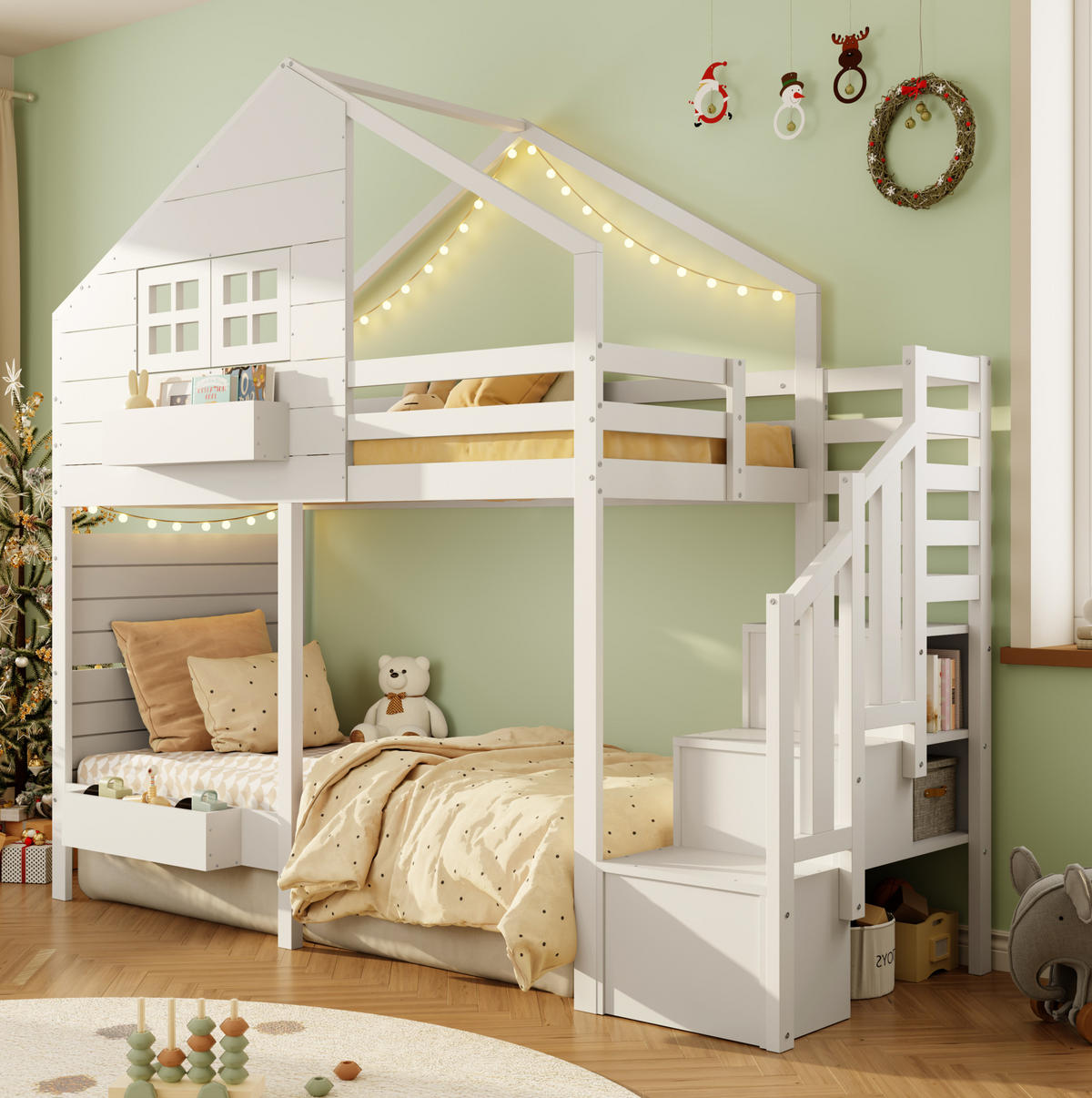 KINDEREINZELBETTEN aus Massivholz 90x200 cm in Weiß mit Stauraumtreppe & Fenster - Weiß, Holz (90/200cm) - Modfu
