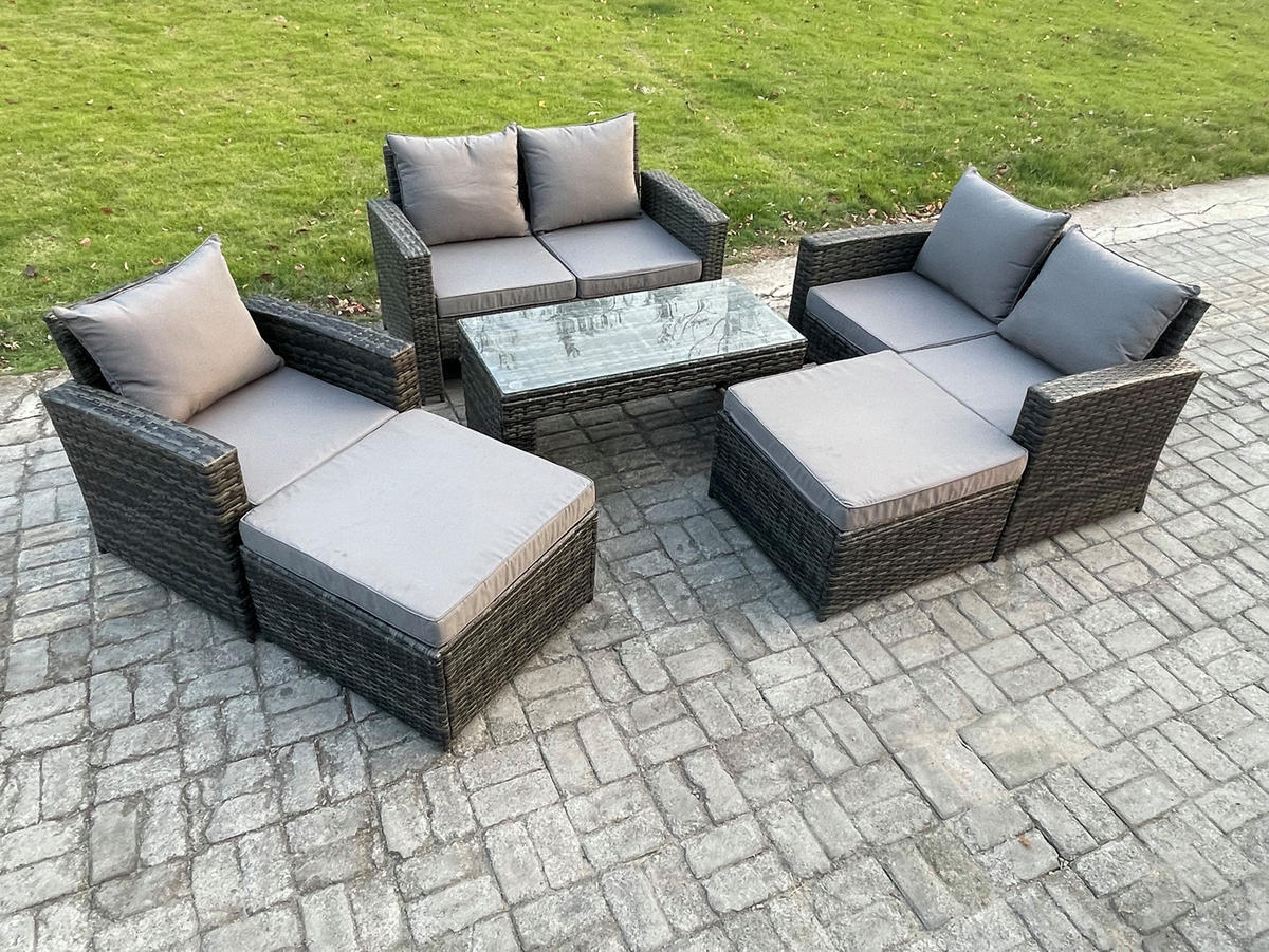 GARTENMÖBEL-SET mit Kissen Polyrattan Dunkelgrau 7-Sitzer - Dunkelgrau, Metall - Fimous