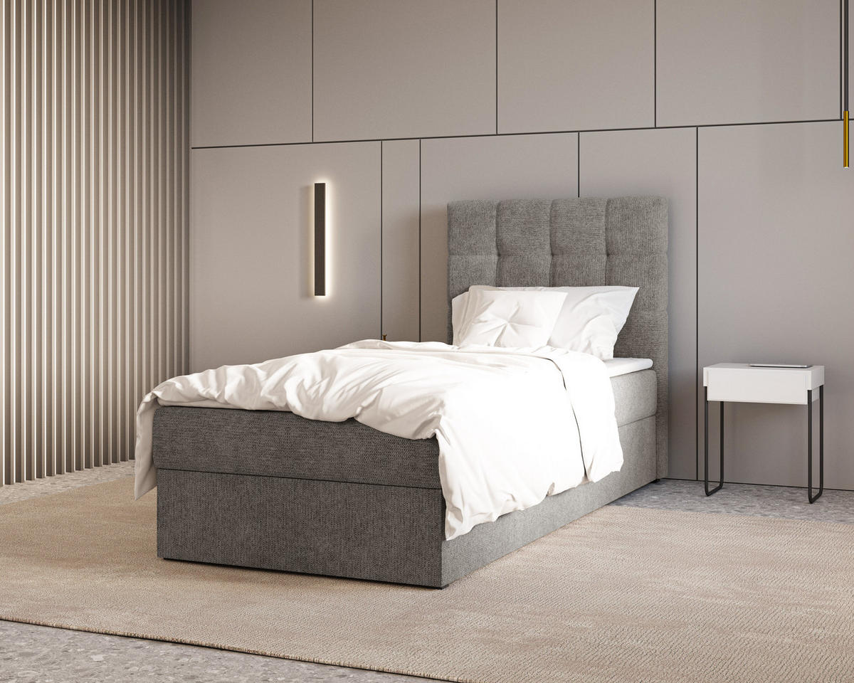 BOXBETT - Bett 05 OSLO - Aragon - 90x200 cm - mit Bettkasten und Komfort-Topper - Grau, Holz (90/200cm) - ROYAL24_MARKT