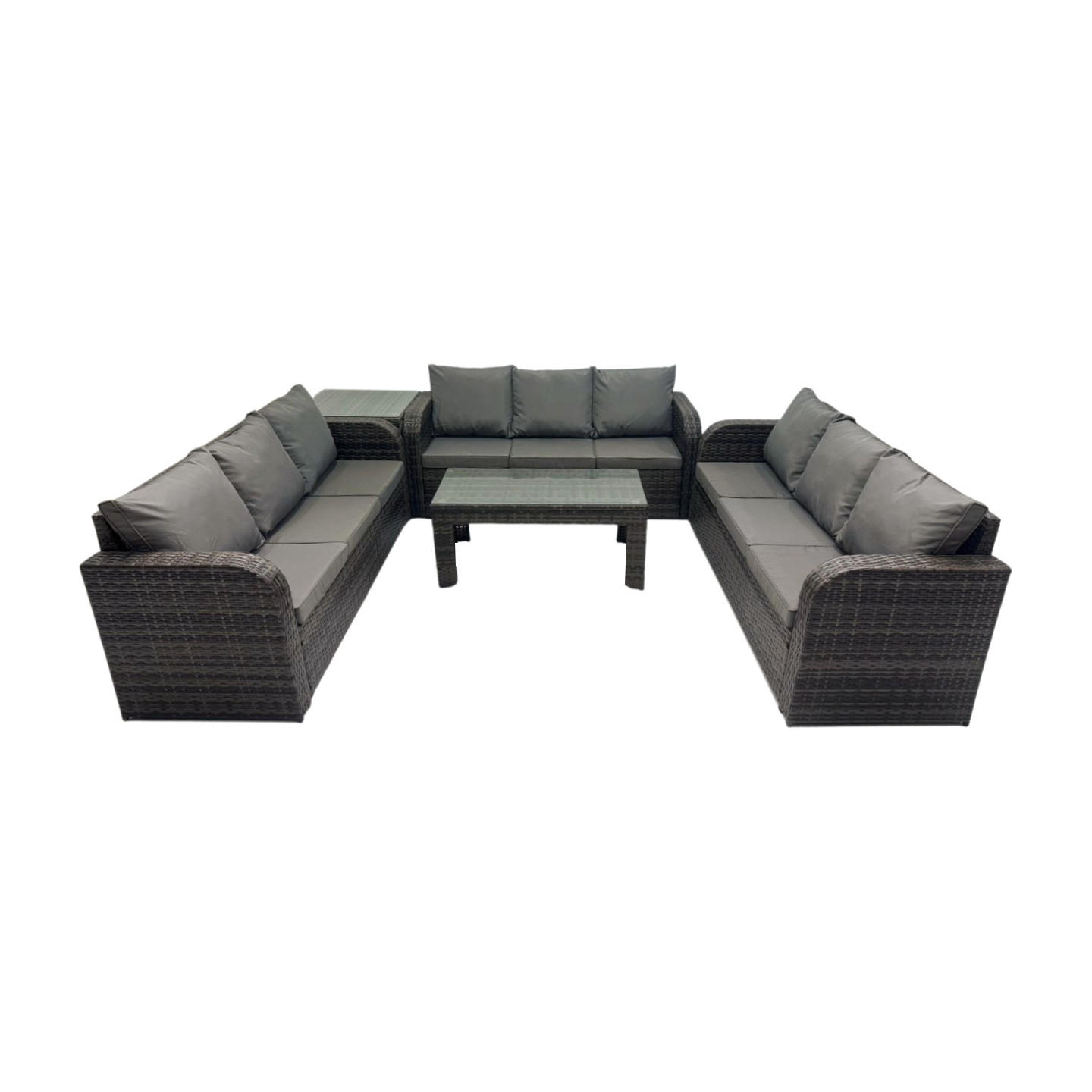 GARTENSOFA SET mit rechteckigem COUCHTISCH Polyrattan 9-Sitzer Dunkelgrau - Dunkelgrau/Grau, Glas/Kunststoff - Fimous