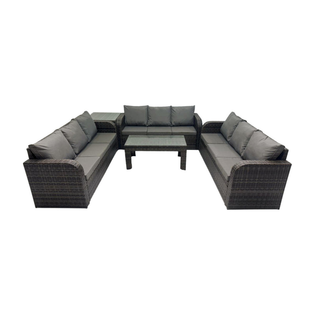 GARTENSOFA SET mit rechteckigem COUCHTISCH Polyrattan 9-Sitzer Dunkelgrau - Dunkelgrau/Grau, Glas/Kunststoff - Fimous