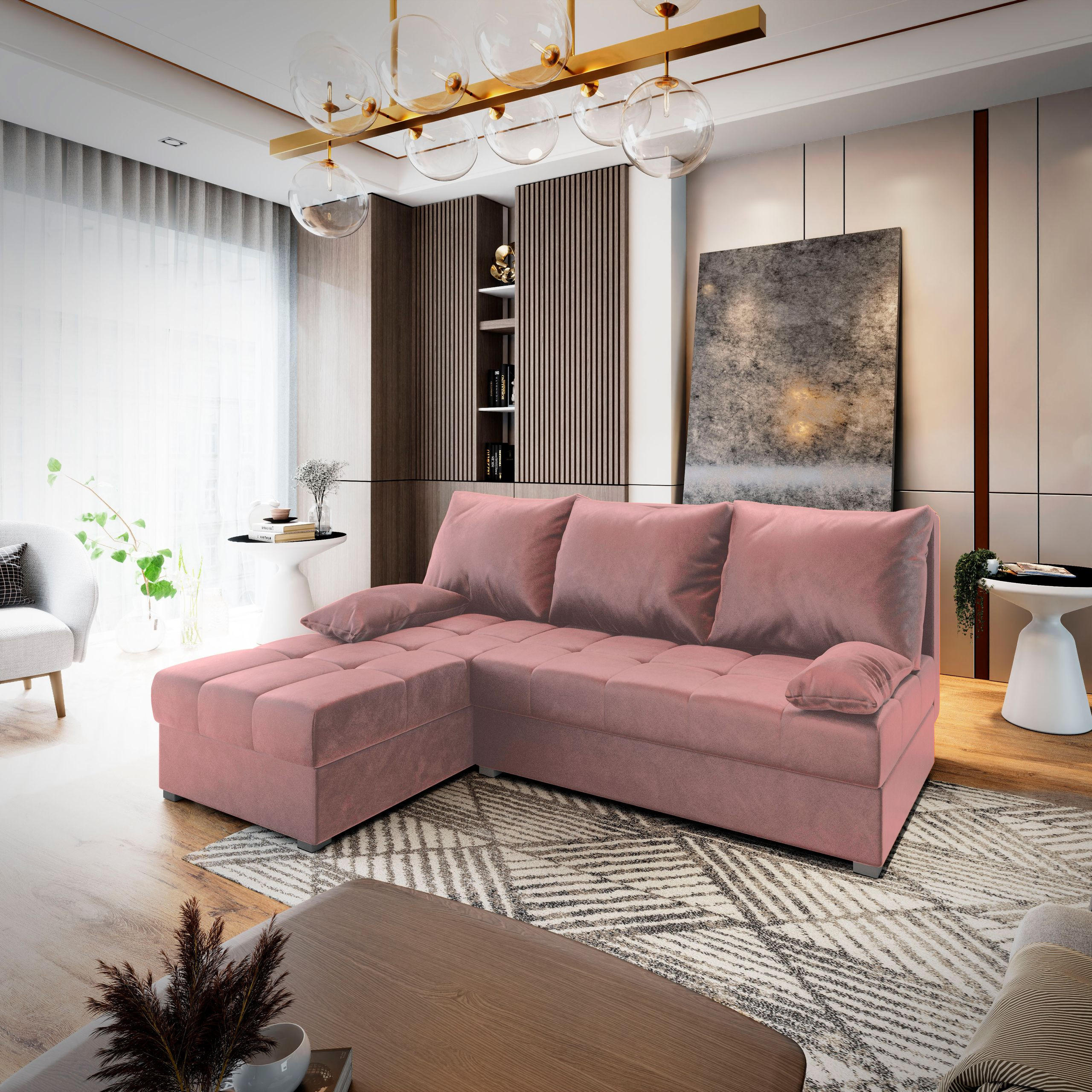 ECKSOFA RITA Rosa Plüsch-Stoff mit Schlaffunktion - Rosa, Holz (200/141cm) - MASSENO