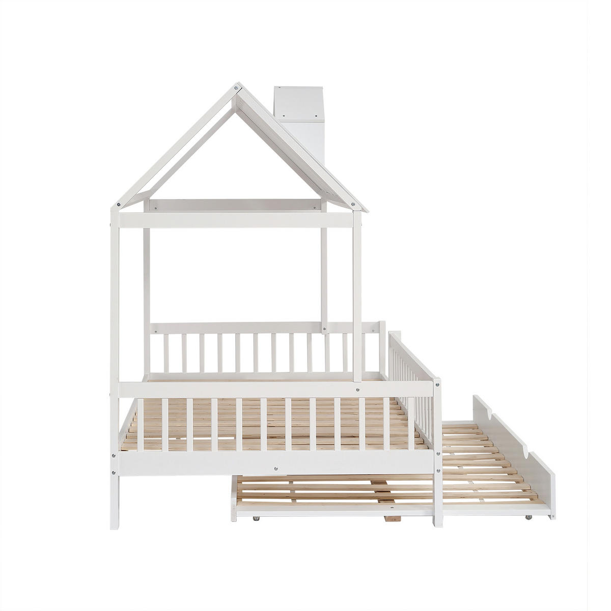 HAUSBETT 120/200+120/190 mit Rollbett, Dach und Gitter in Weiß - Weiß, Holzwerkstoff (120/200cm) - EVRYAE