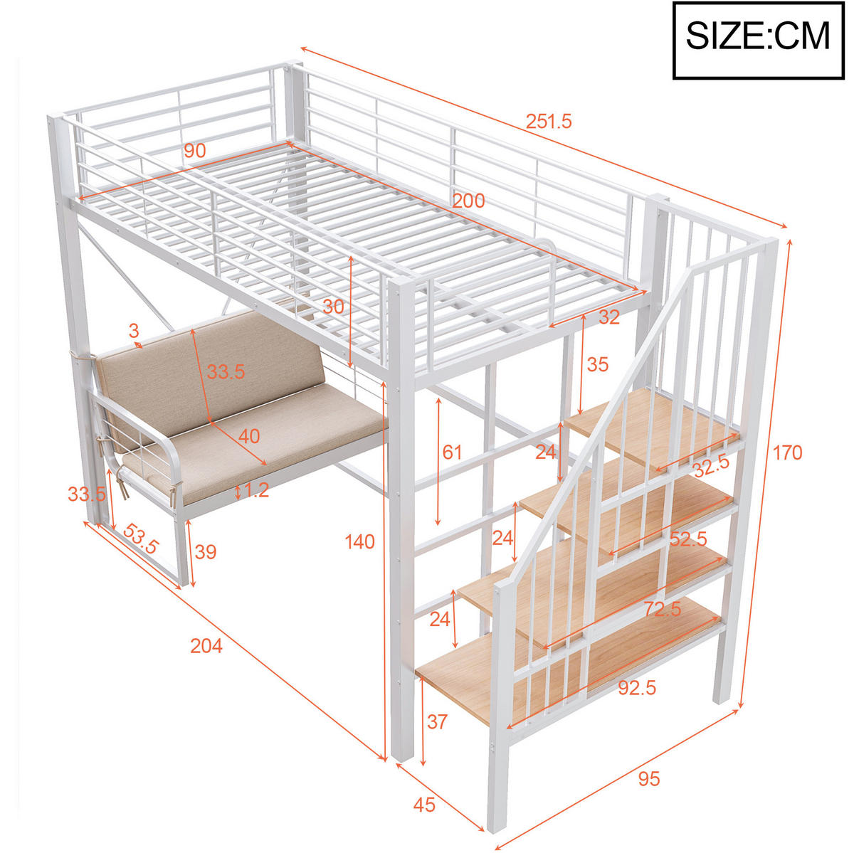 PATROVÁ postel 90/200 cm bílá z kovu a MDF s odnímatelnou pohovkou a úložným schodištěm - bílá, kompozitní dřevo (90/200cm) - OKWISH