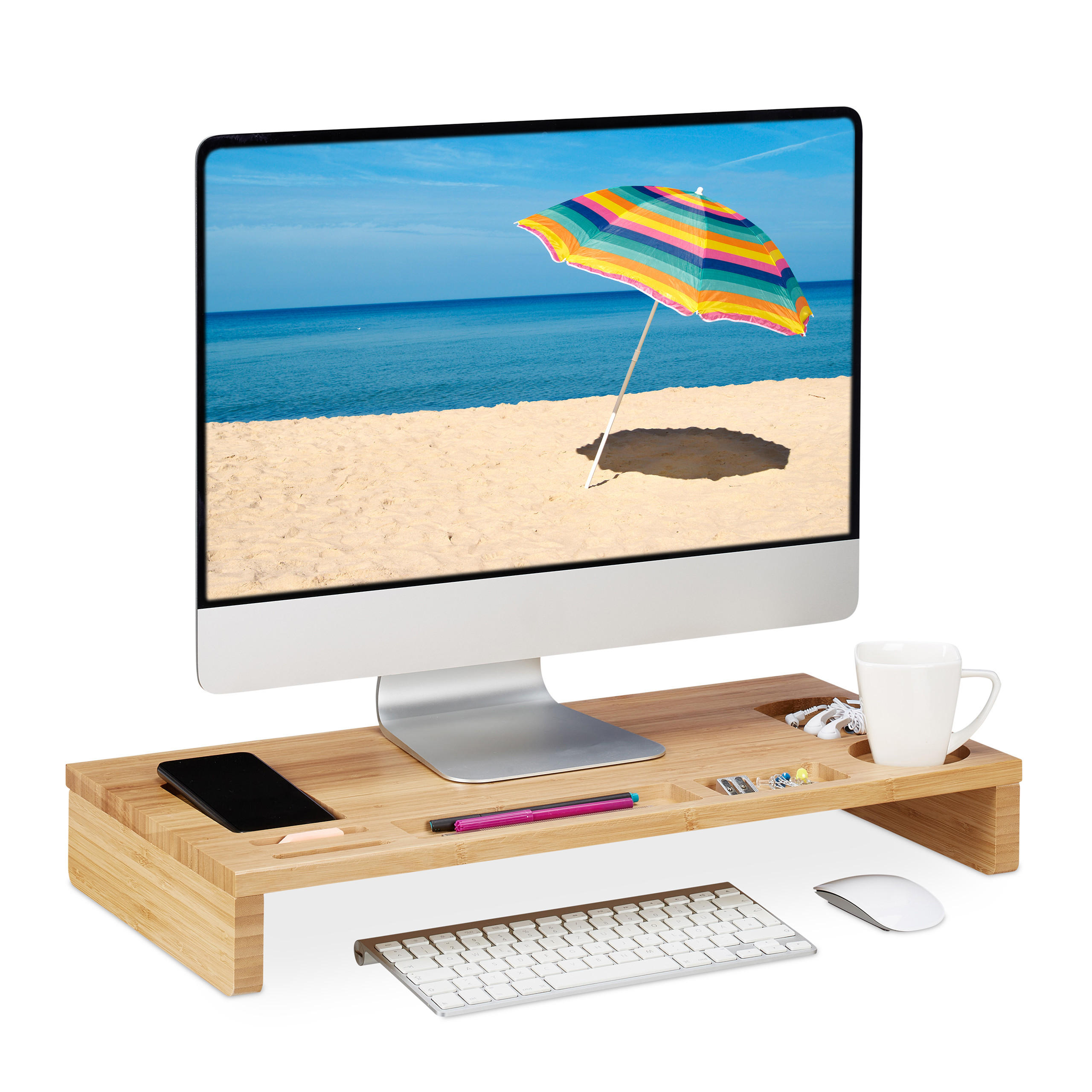MONITORSTÄNDER Natur Bambus 7 Fächer 60x30x8,5 cm - Hellbraun, Holz (30/60/8.5cm) - Relaxdays