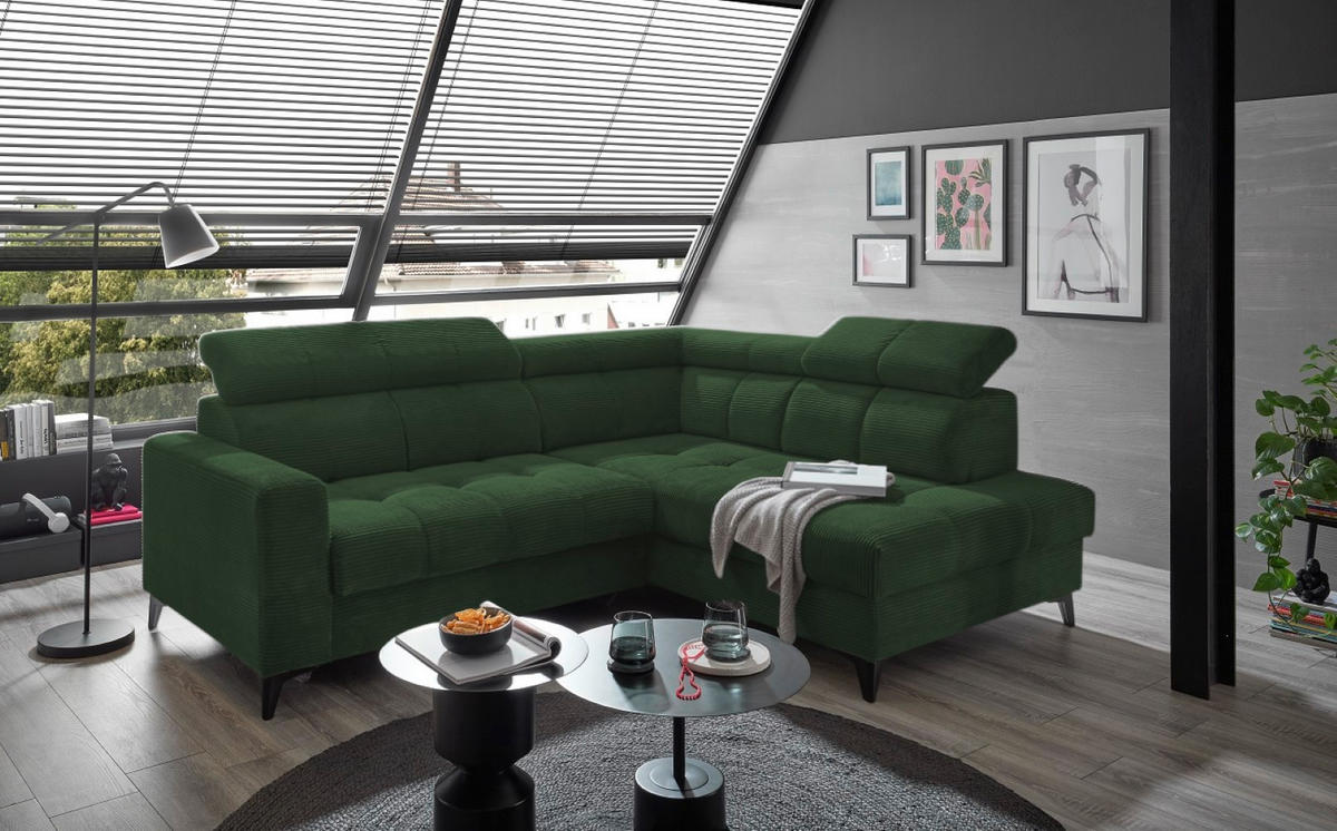 ECKSOFA mit elektronische Sitztiefenverstellung, USB-Anschluss und stilvollem Breitcord-Bezug - Grün, Textil (200/243cm) - ed exciting design