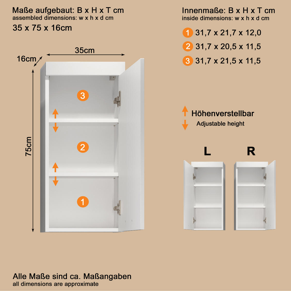 HÄNGESCHRANK weiß Hochglanz 35 x 75 cm, Badschrank hängend - Weiß Hochglanz/Silberfarben, Holzwerkstoff/Kunststoff (16/75/35cm) - Top.Furn