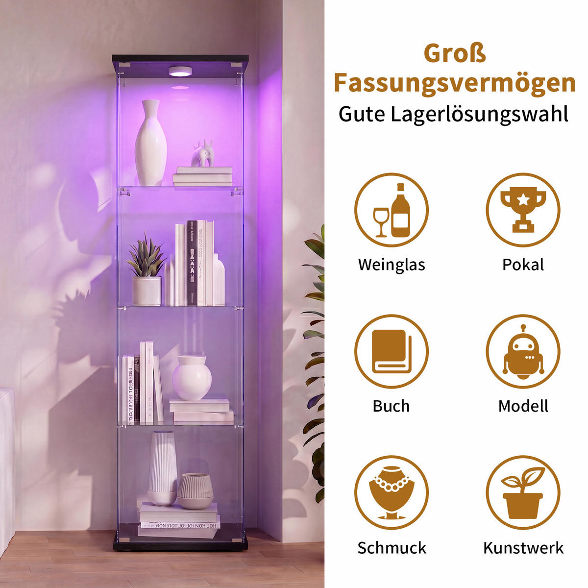 VITRINENSCHRANK Glasvitrine led Schwarz mit 1 Tür und 4 Etagen, mit Schloss und Spiegeleffekt,164cm - Schwarz, Glas (36.5/164/42.5cm) - BPKADHY
