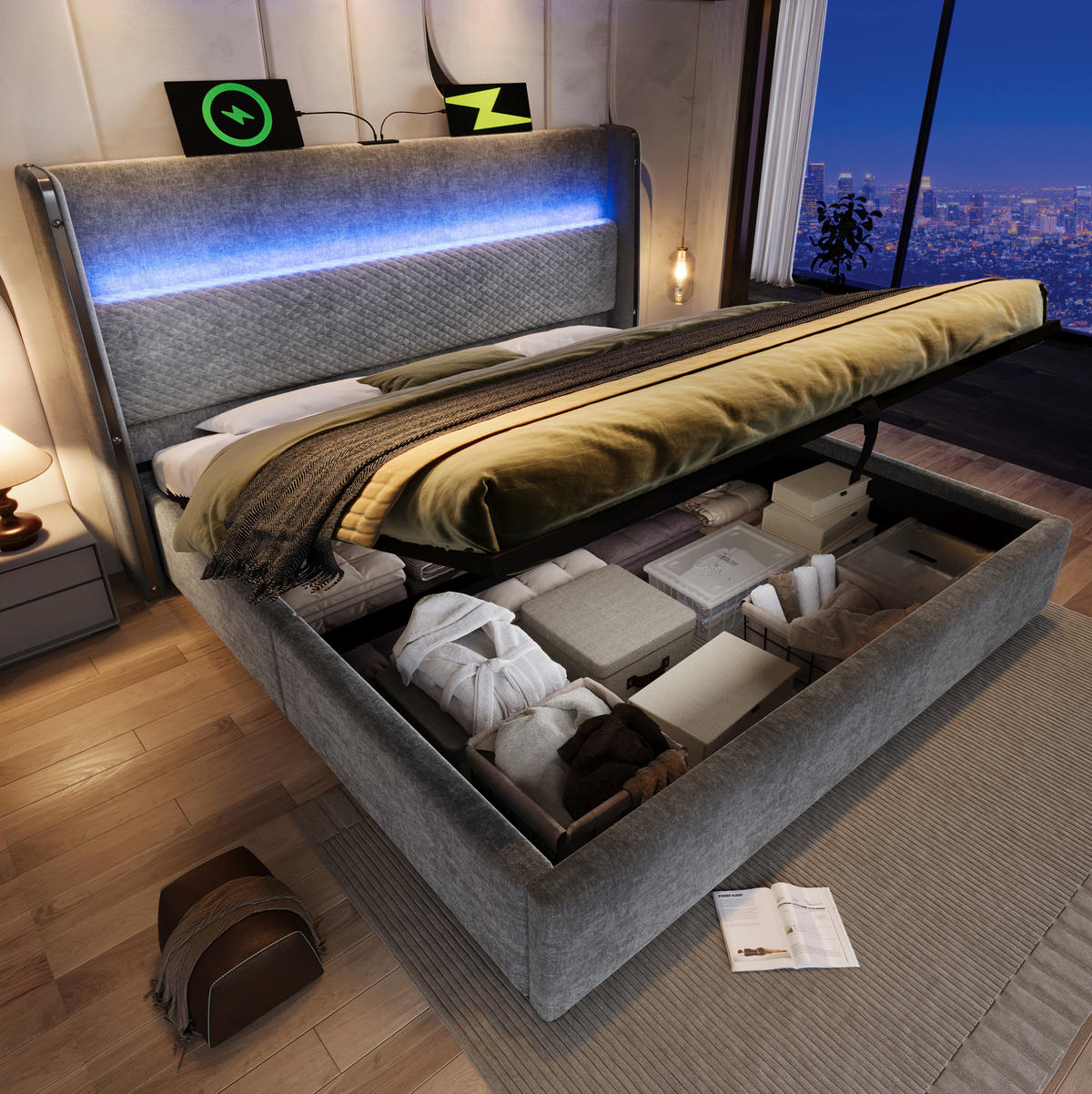 ČALOUNĚNÁ postel 180/200 cm šedá z lnu s LED osvětlením, USB a úložným prostorem - šedá, textil (180/200cm) - OKWISH
