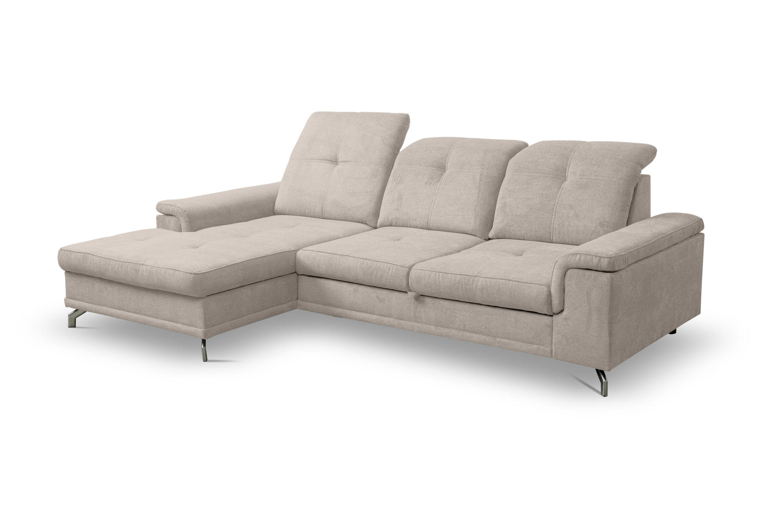ECKSOFA PANAMA mit Schlaffunktion und Bettkasten, Farbe: Beige, Velourstoff, Ottomane Links - Beige, Textil (270/180cm) - VENASI MÖBEL