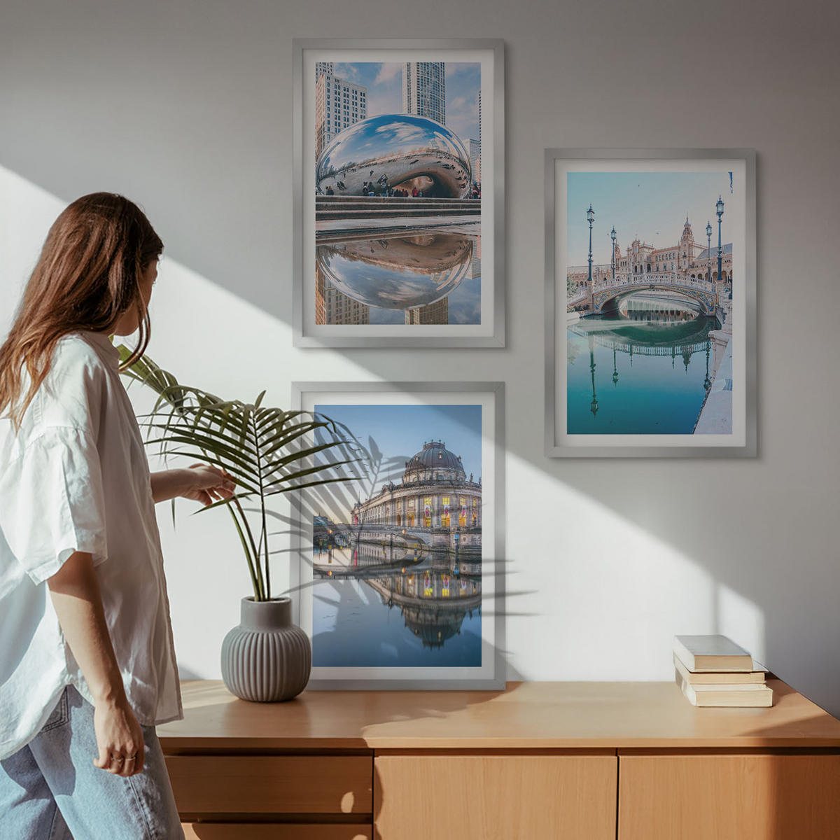WANDBILDER 3er Set - 40x60 cm Silberner Rahmen - Architektur von Städten am Wasser - Silberfarben, Kunststoff (40/60cm) - ArtPrintCave