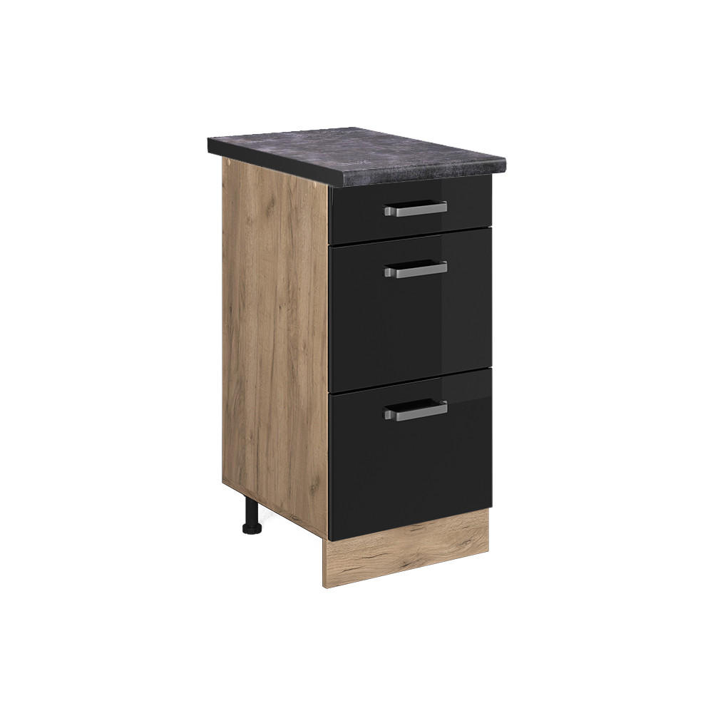 KÜCHENUNTERSCHRANK R-Line Schwarz Hochglanz 40 cm mit Schubladen AP Anthrazit - Honigeiche/Schwarz Hochglanz, Holzwerkstoff (40/81.6/60cm) - Vicco