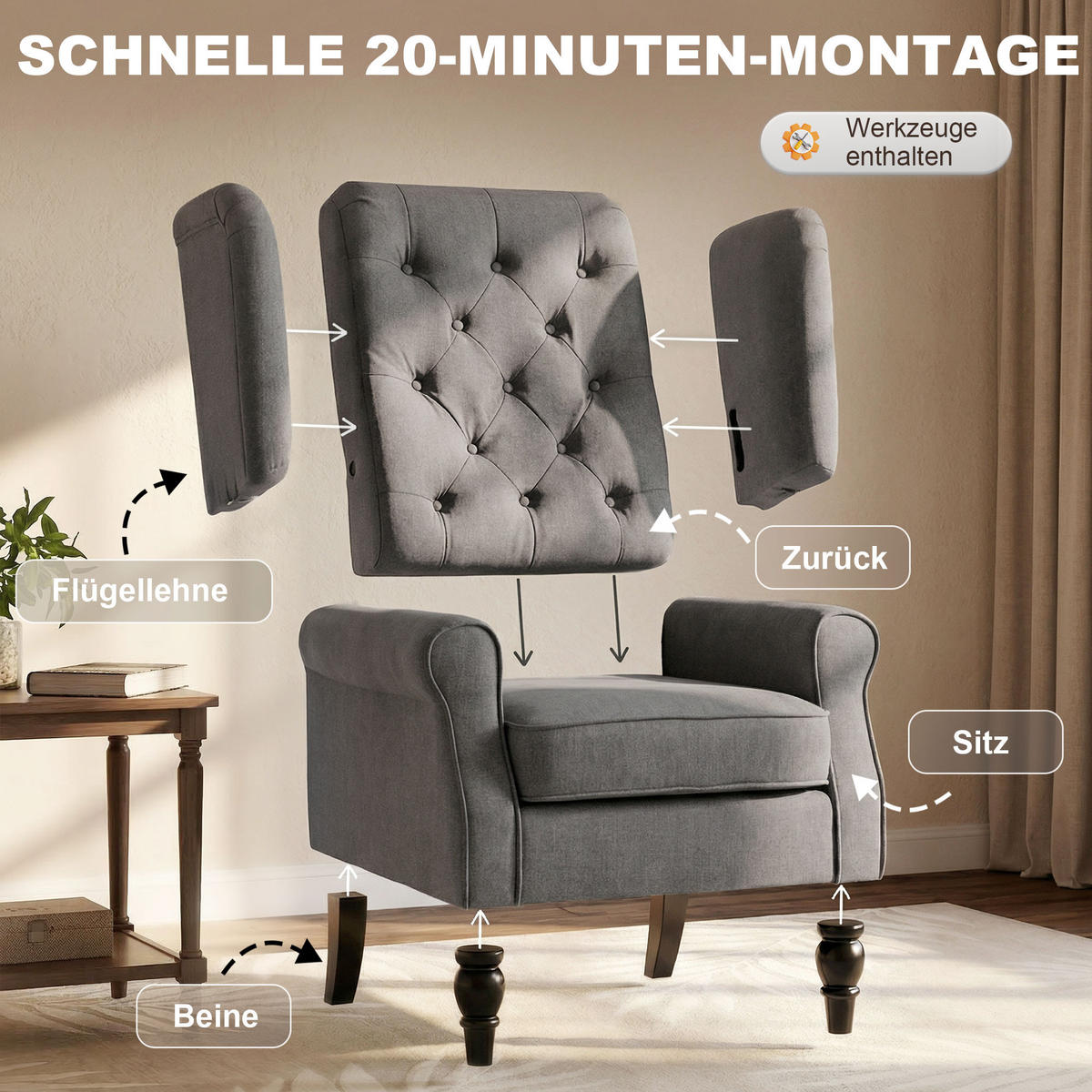 OHRENSESSEL DE-06531 Lesesessel, Akzentsessel, Holzbeine, Knopfheftung Grau + Schwarz - Dunkelgrau, Holz/Textil (86/102/74cm) - ComfortXL