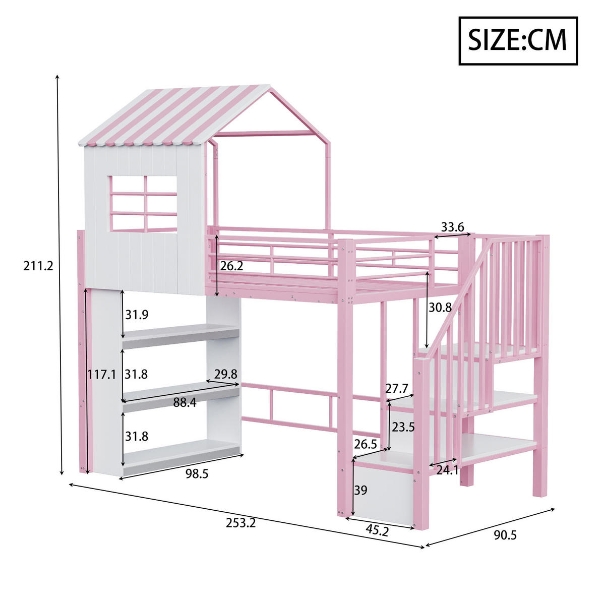 HOCHBETT aus MDF und Metall 90x200 cm Rosa mit Stauraumtreppe, Regal und viel Platz unter dem Bett - Pink, Holzwerkstoff (90/200cm) - Modfu