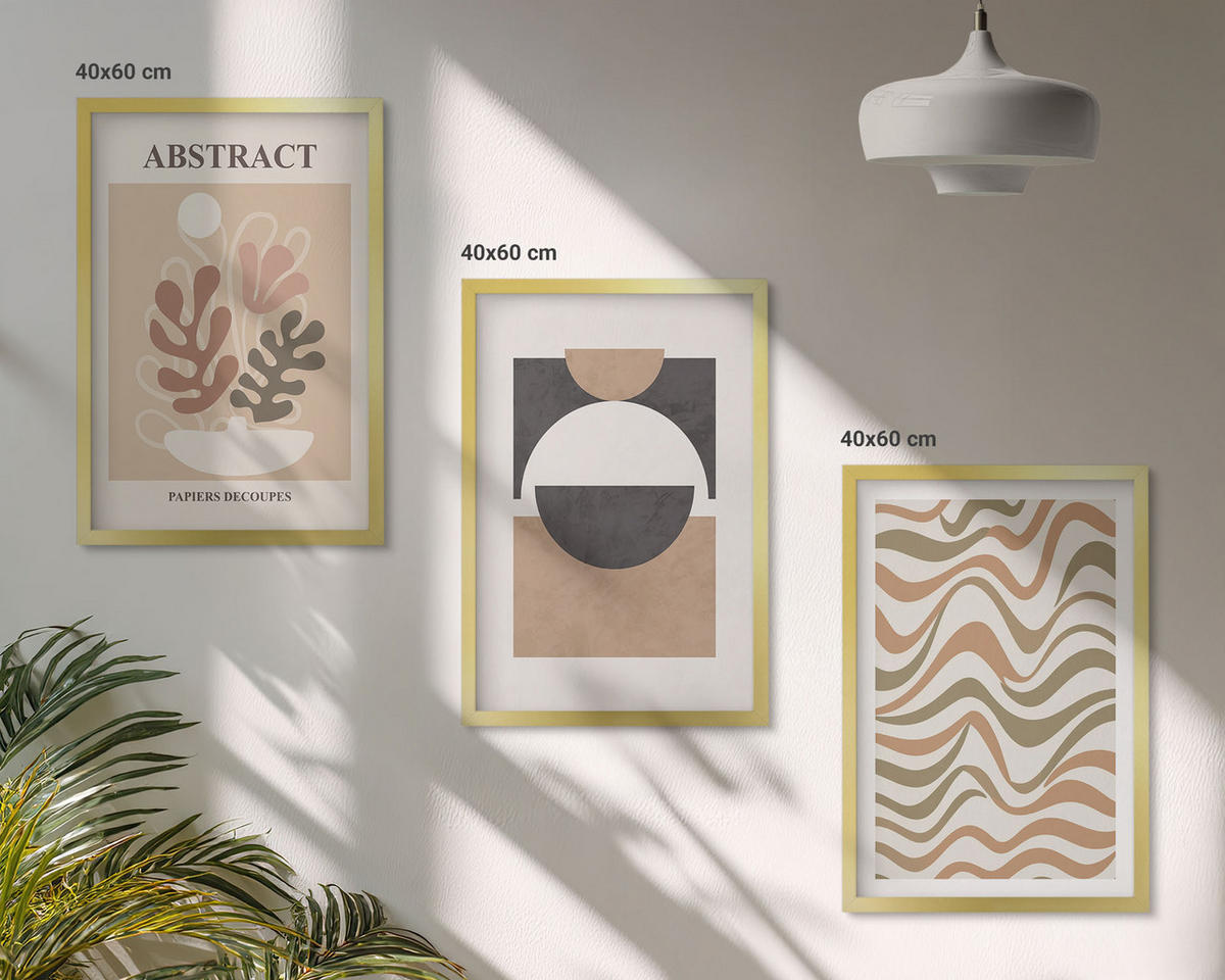 WANDBILDER 3er Set - 40x60 cm Goldrahmen - Abstrakte Formenmuster - Goldfarben, Kunststoff (40/60cm) - ArtPrintCave