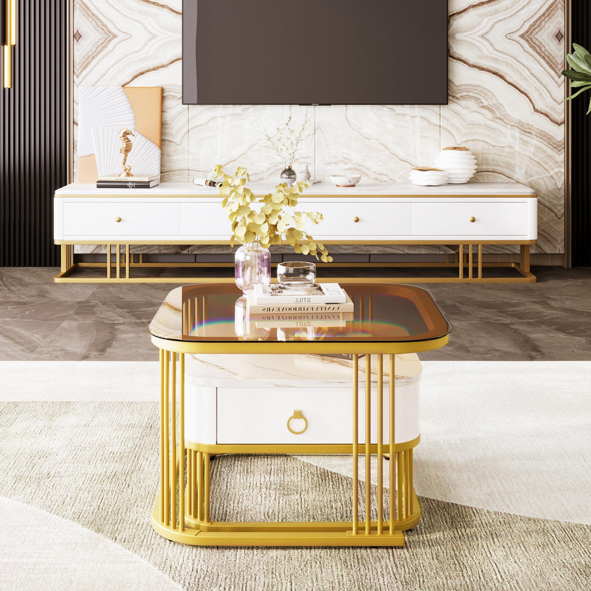 COUCHTISCH-SET, MDF Hochglanz-Marmoroptik, Goldakzente, mit Schublade, 60/60/42,5 + 50/50/34 cm, Weiß und Gold und Teebraun - Braun, Holzwerkstoff (60/60/42.5cm) - Redom