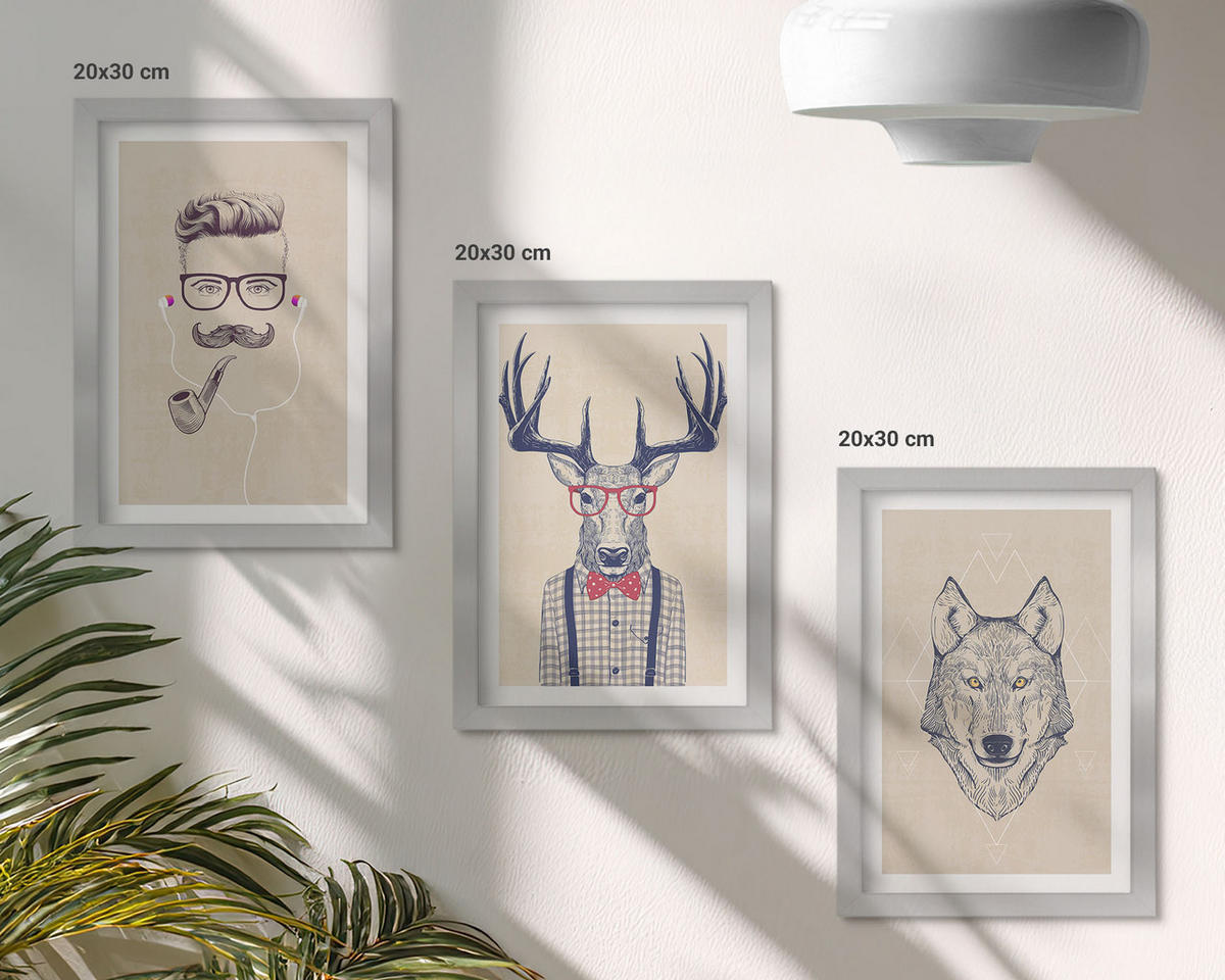WANDBILDER 3er Set - 20x30 cm Silberner Rahmen - Stilvolle Tierporträts - Silberfarben, Kunststoff (20/30cm) - ArtPrintCave
