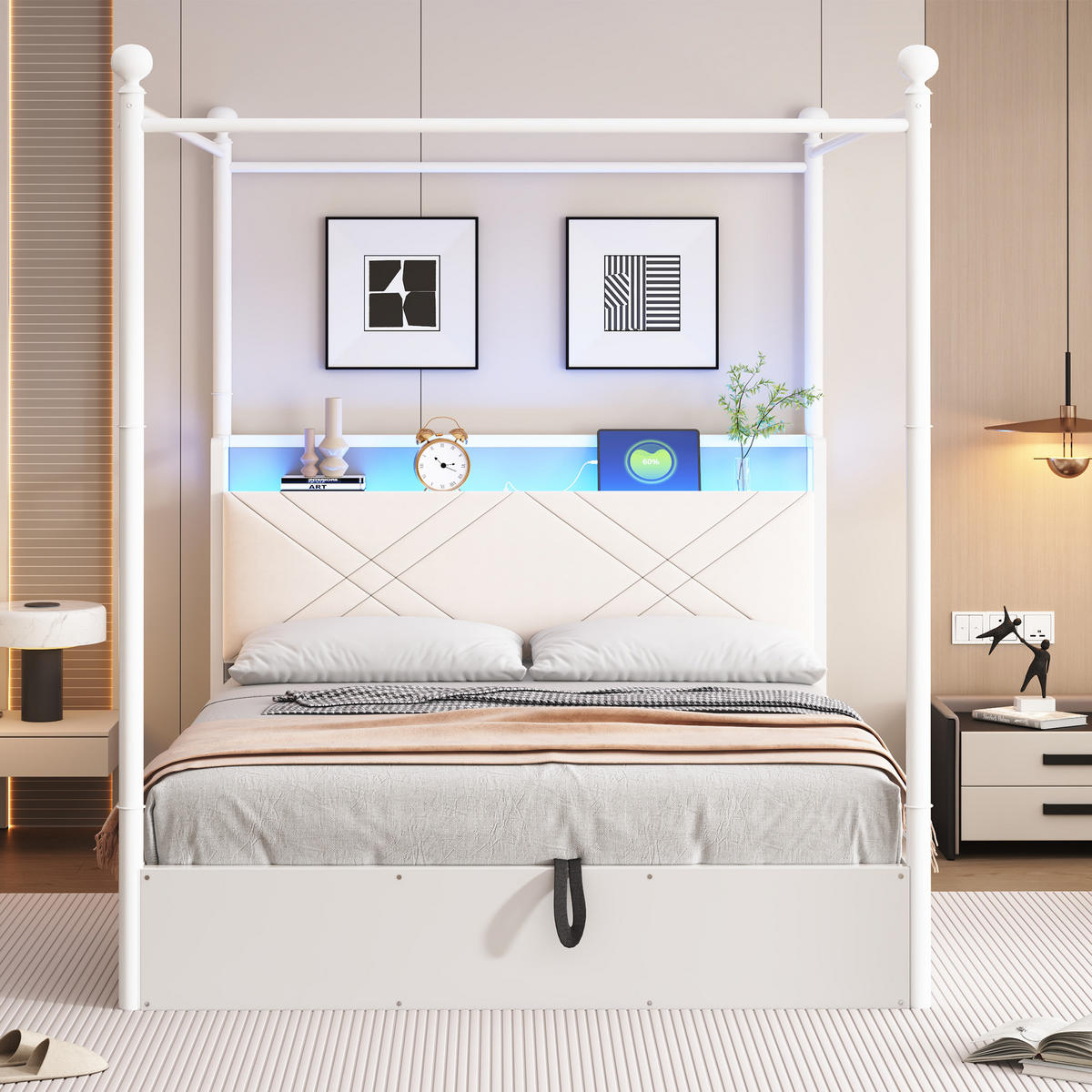 POLSTERBETT 140/190 cm Weiß mit LED-Beleuchtung und USB-/Typ-C - Weiß, Holz (140/190cm) - Oxeza