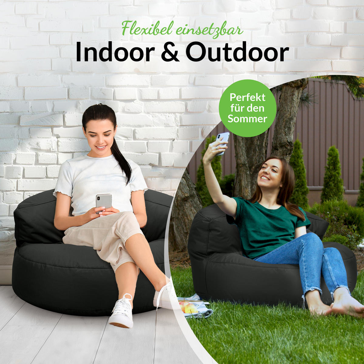 INDOOR OUTDOOR SITZSACK Lounge Sofa - Schwarz, Textil (90/50/50cm) - Green Bean
