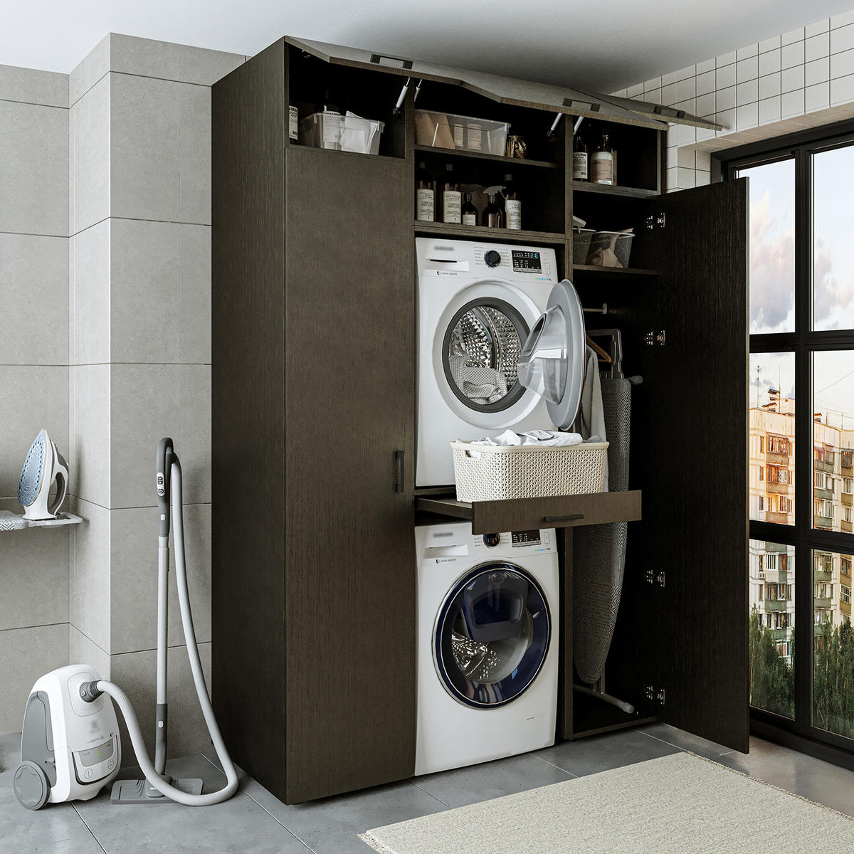 WASCHMASCHINENSCHRANK DUO-I 157cm Breit, 240cm Hoch - Schwarz, Holzwerkstoff (157/240/67cm)