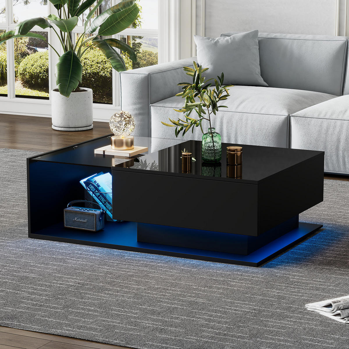 COUCHTISCH 100x50cm Hochglanzschwarz Glasplatte Schublade LED-Beleuchtung - Schwarz, Holz (110/62/16.5cm) - FLIEKS