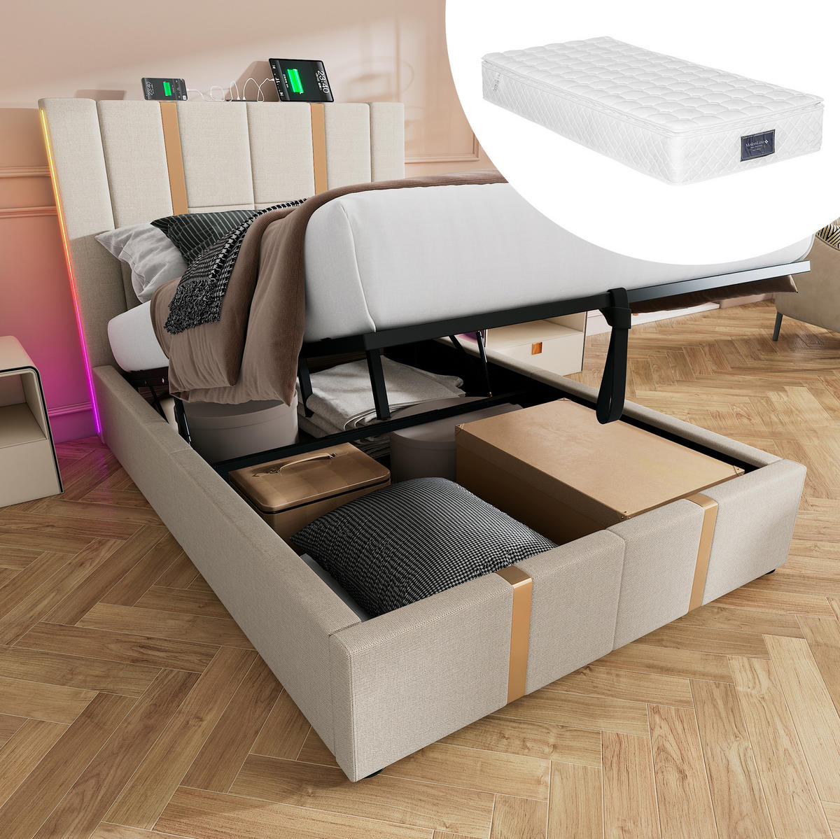 ČALOUNĚNÁ postel 90/200 cm s LED osvětlením, USB-C a úložným prostorem, béžové lněné provedení - béžová, textil (90/200cm) - Redom