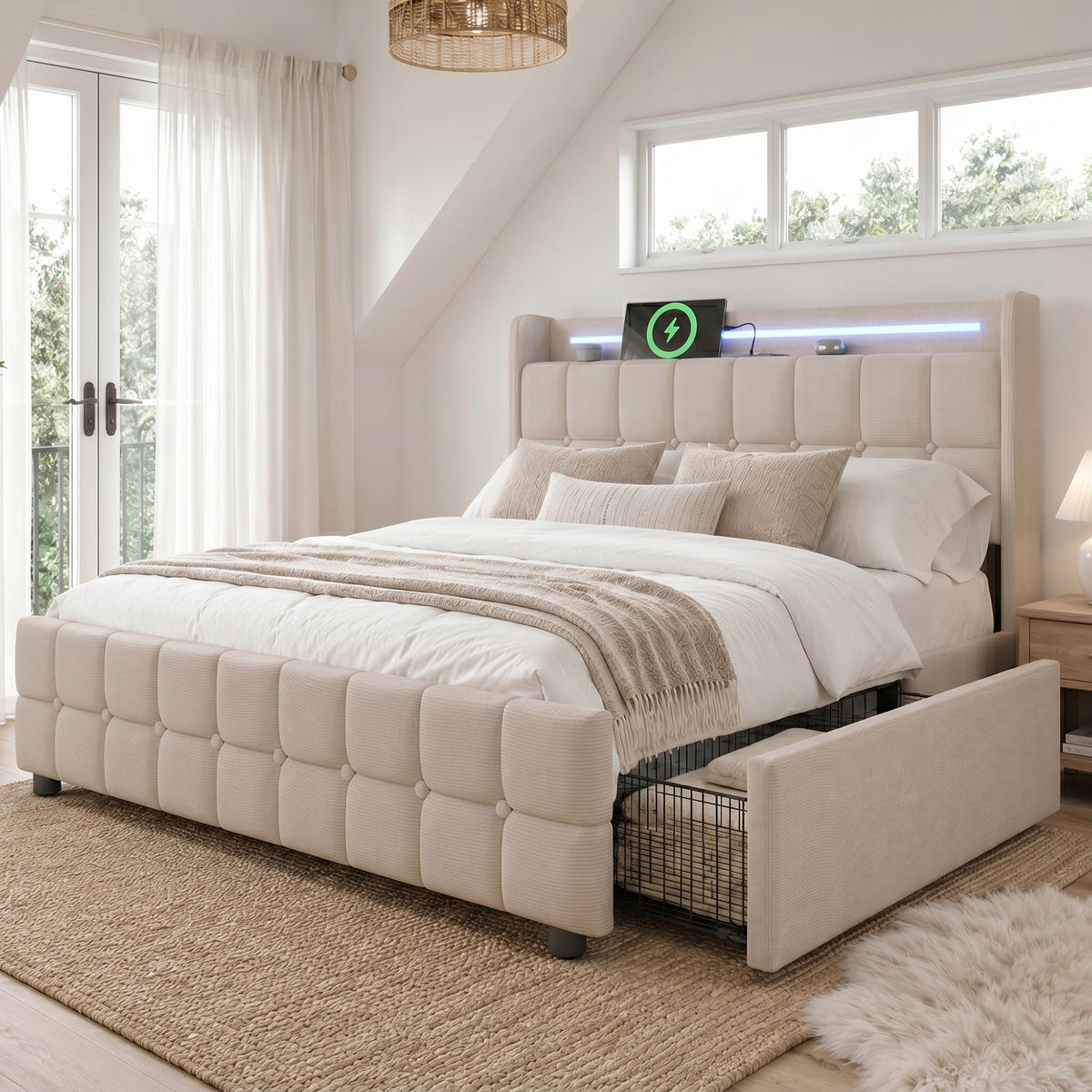 POLSTERBETT 180/200 cm Beige mit LED-Beleuchtung und 2 Schubladen, Ohne Matratze - Beige, Holz/Textil (180/200cm) - Oxeza
