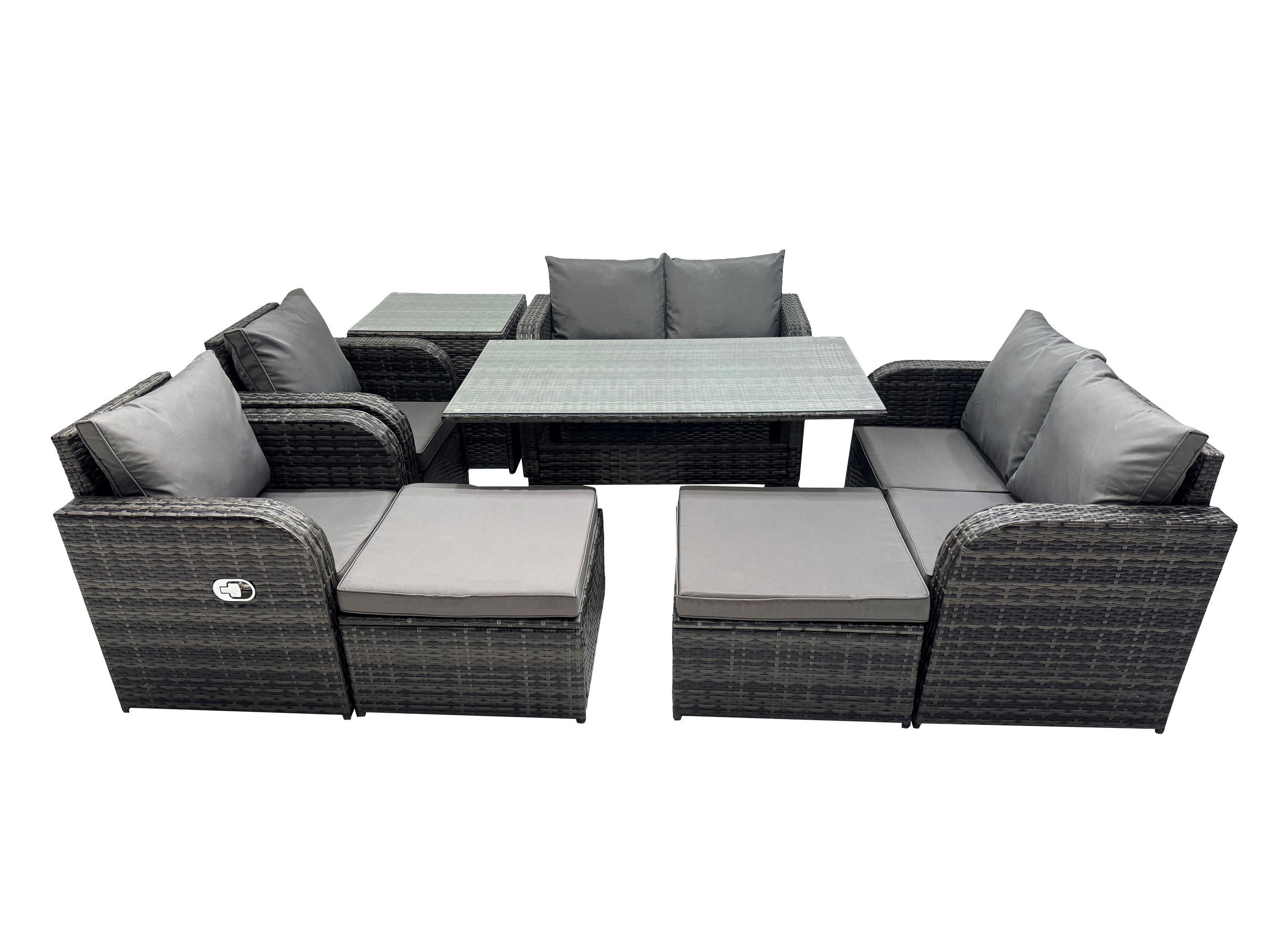 Gartenmöbelset mit Esstisch,Hockern,Beistelltisch Polyrattan Dunkelgrau 8-Sitzer - Dunkelgrau/Grau, Glas/Kunststoff - Fimous