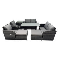 Gartenmöbelset mit Esstisch,Hockern,Beistelltisch Polyrattan Dunkelgrau 8-Sitzer - Dunkelgrau/Grau, Glas/Kunststoff - Fimous