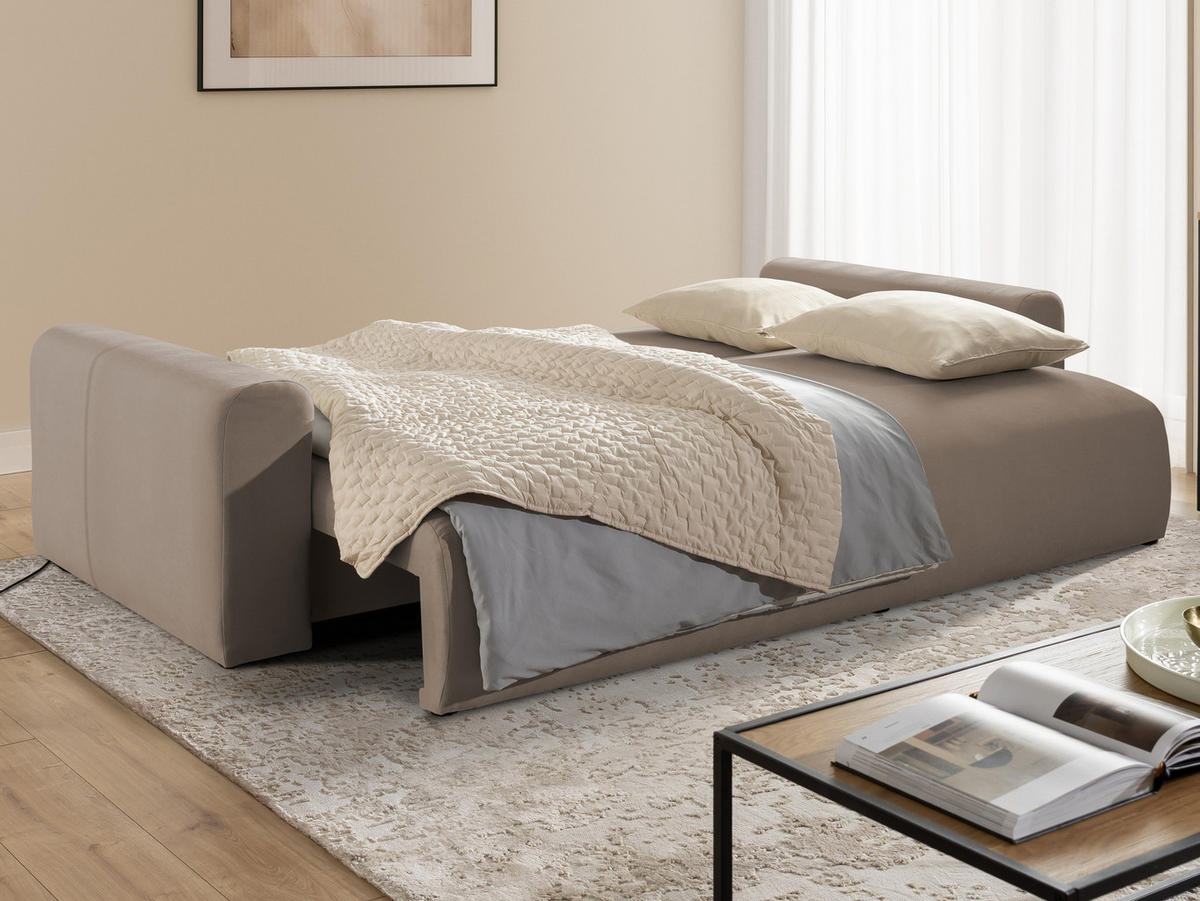 SCHLAFSOFA Calma mit Bettkasten im Bumpy-Design aus weichem Greige Webstoff - Greige/Schwarz, Holz/Kunststoff (239/88/98cm) - S-Style