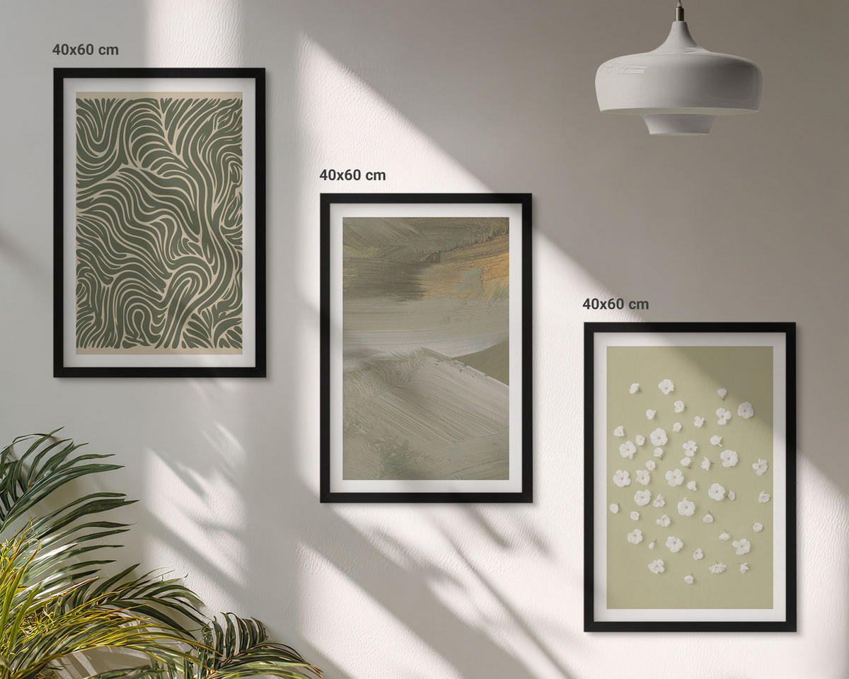 BILDER SET 3er Set - 40x60 cm Schwarzer Rahmen - Abstrakte florale Wellenmuster - Schwarz, Kunststoff (40/60cm) - TULUP